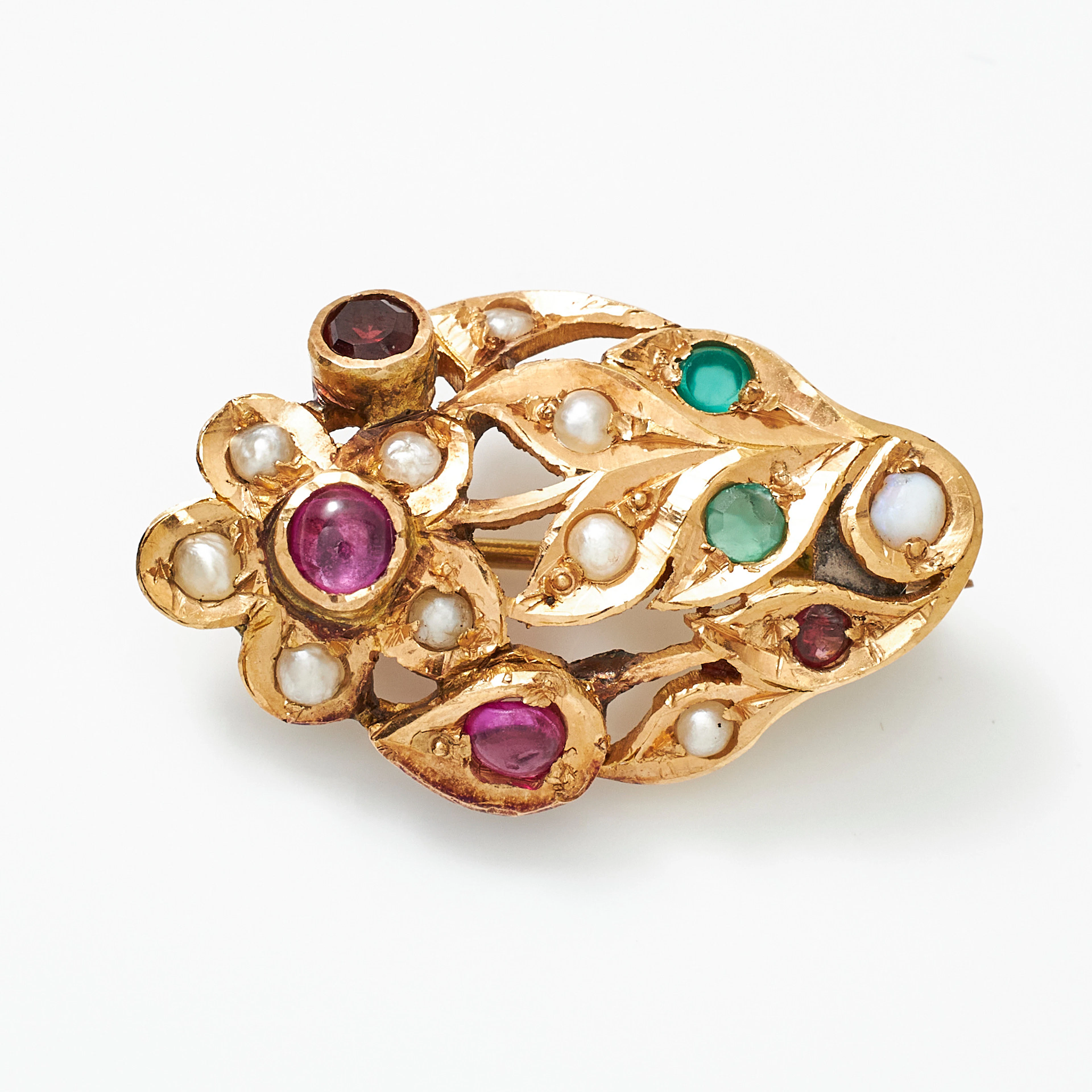 BROSCH, 18 k guld, i form av en blomma, dekor med ädelstenar bl a
