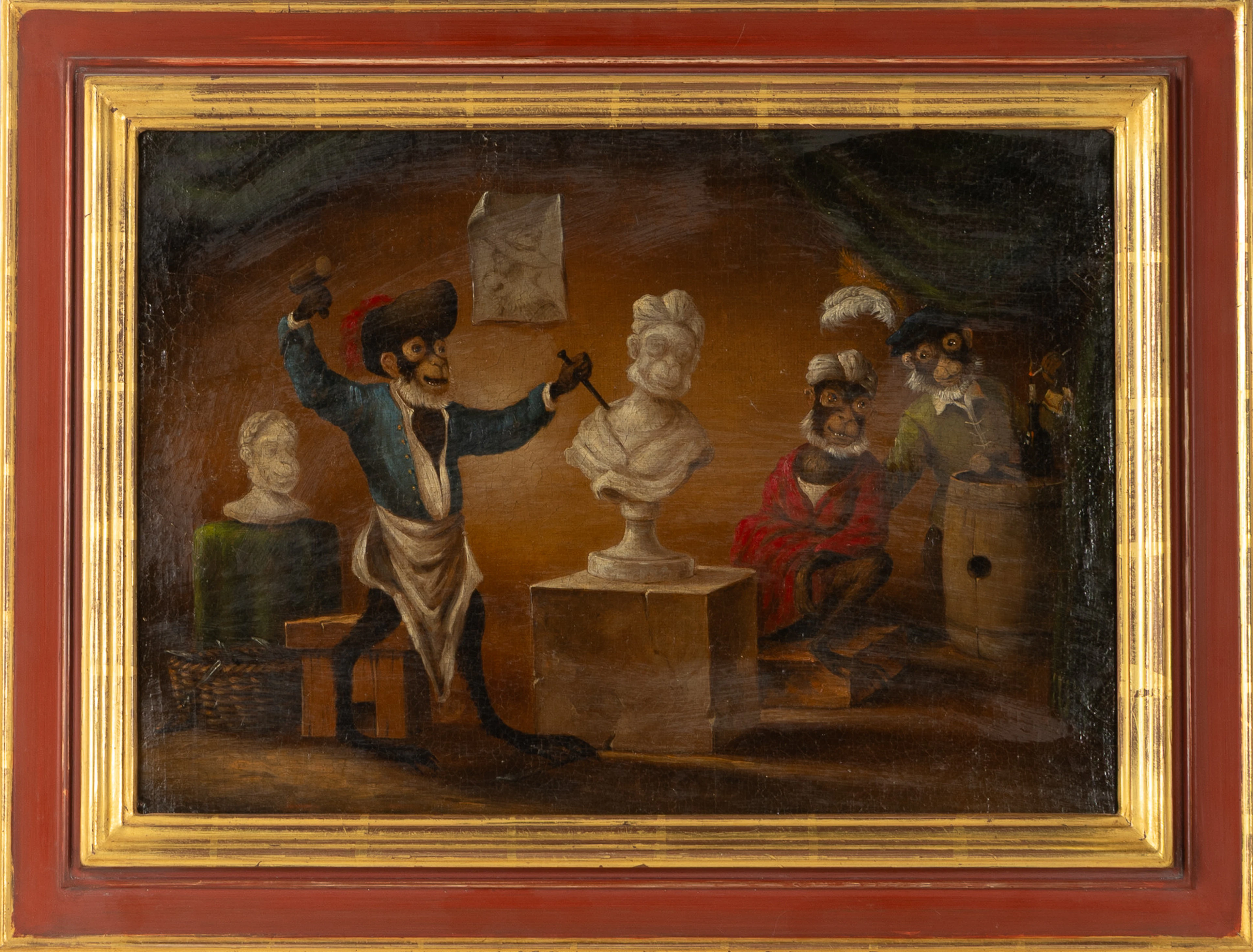 ABRAHAM TENIERS. HANS ART. Interiör med apor / Singeri, olja på duk, 1800-tal.