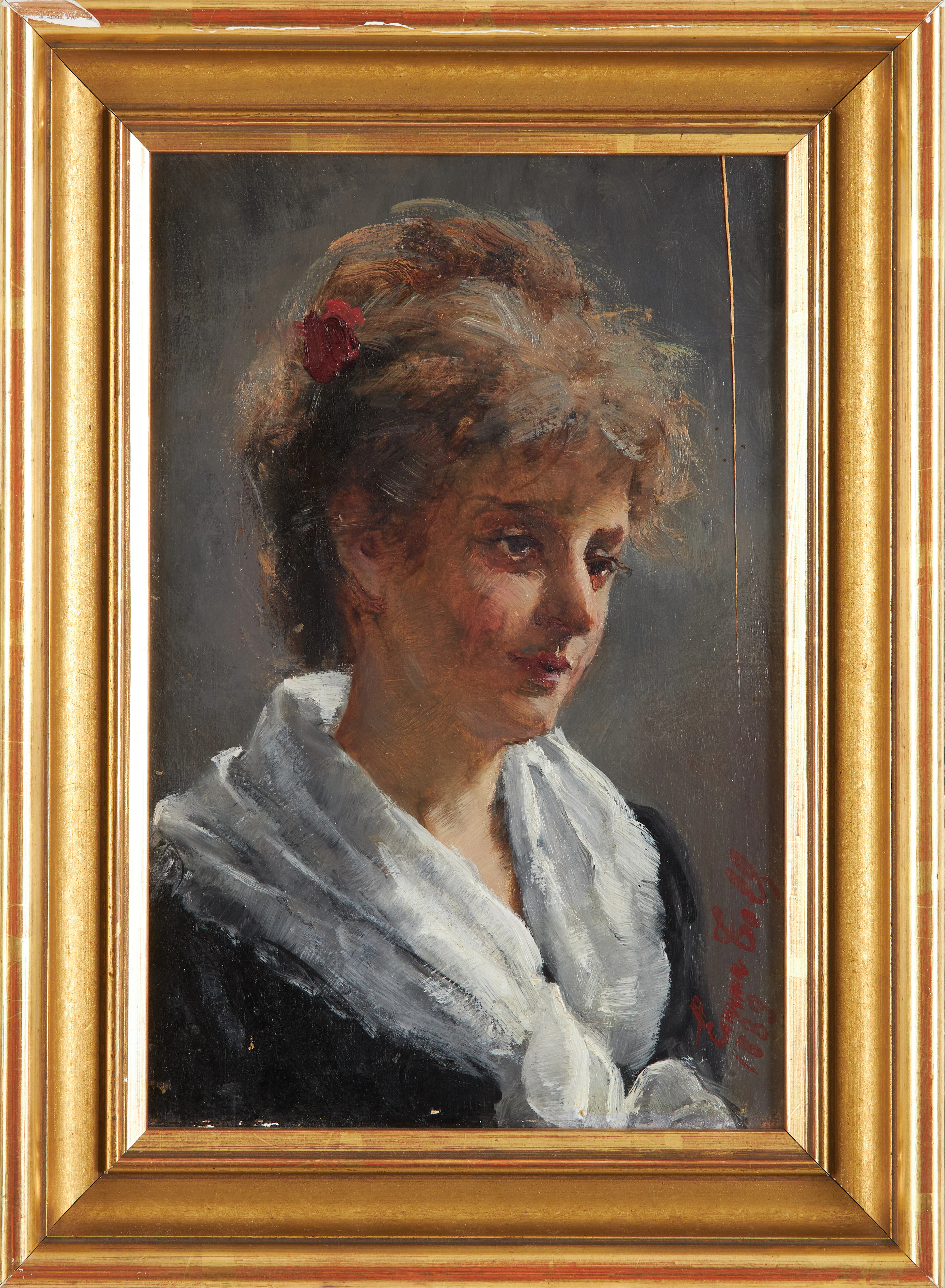 EMMA TOLL (1847-1917). Damporträtt, olja på pannå, signerad 1889.