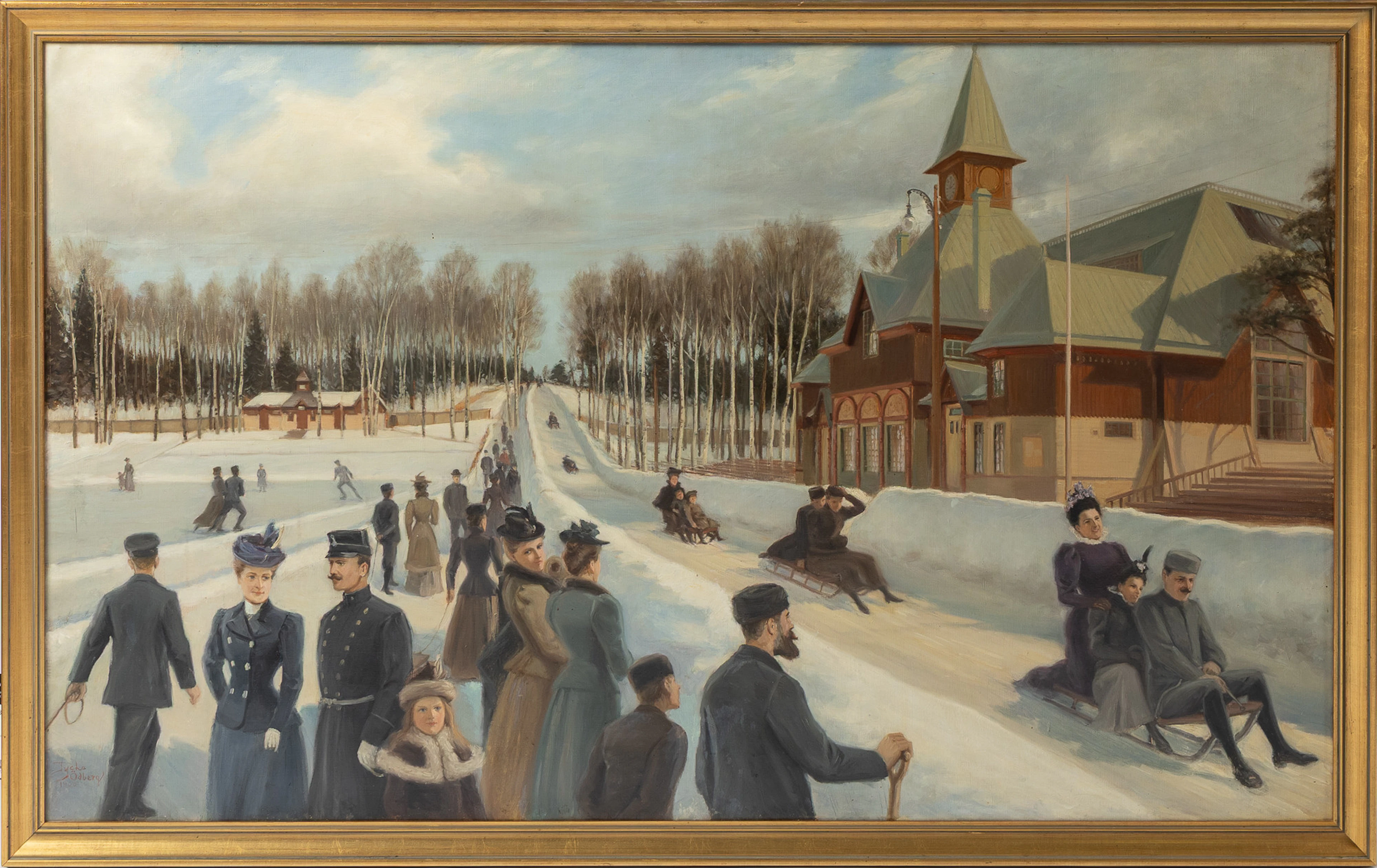 TYCHO ÖDBERG. "Kälkåkning i Skansenbacken", olja på duk, signerad