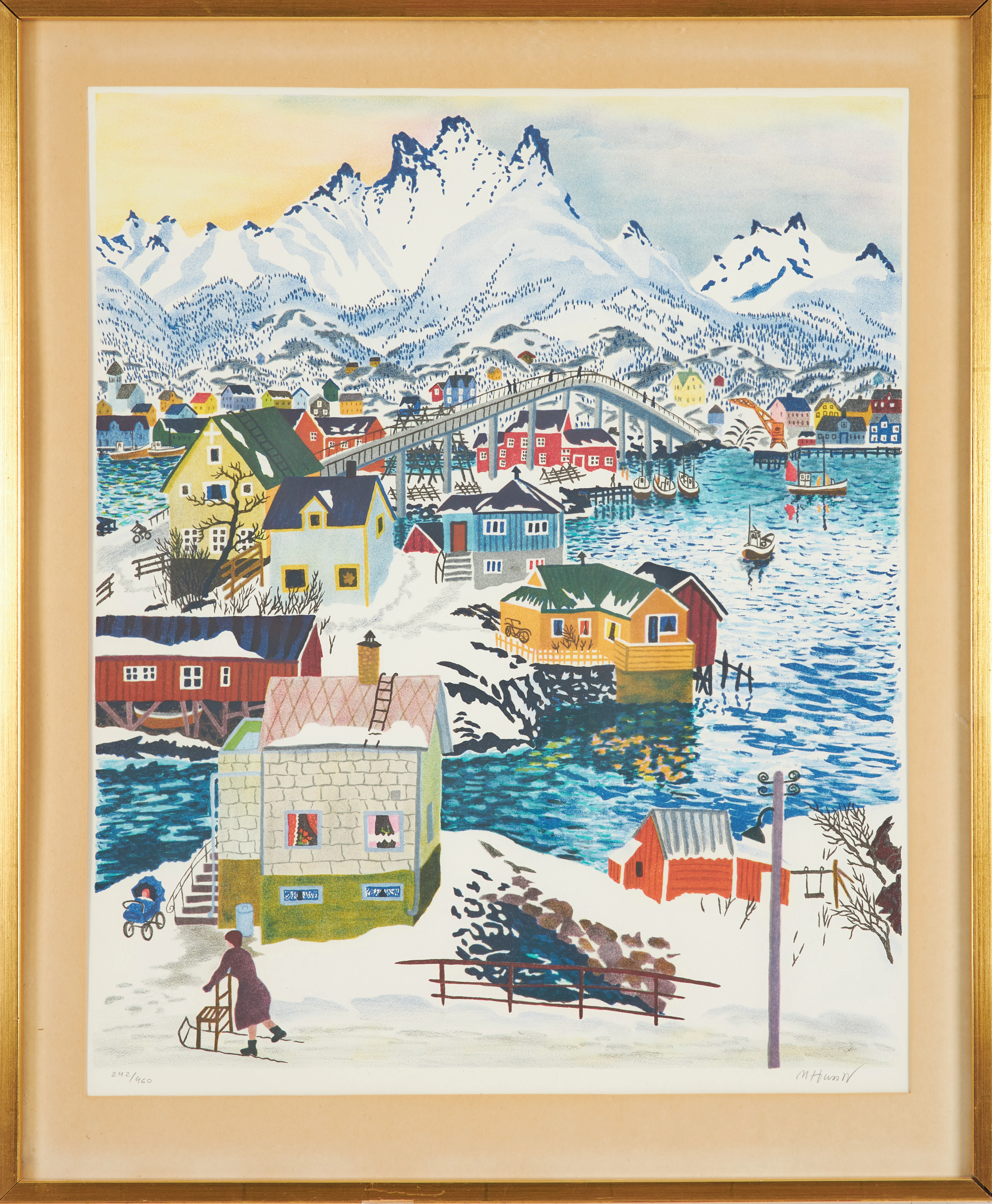 MONA HUSS WALIN. "Bron i Svolvaer", färglitografi, signerad, numrerad 242/460.