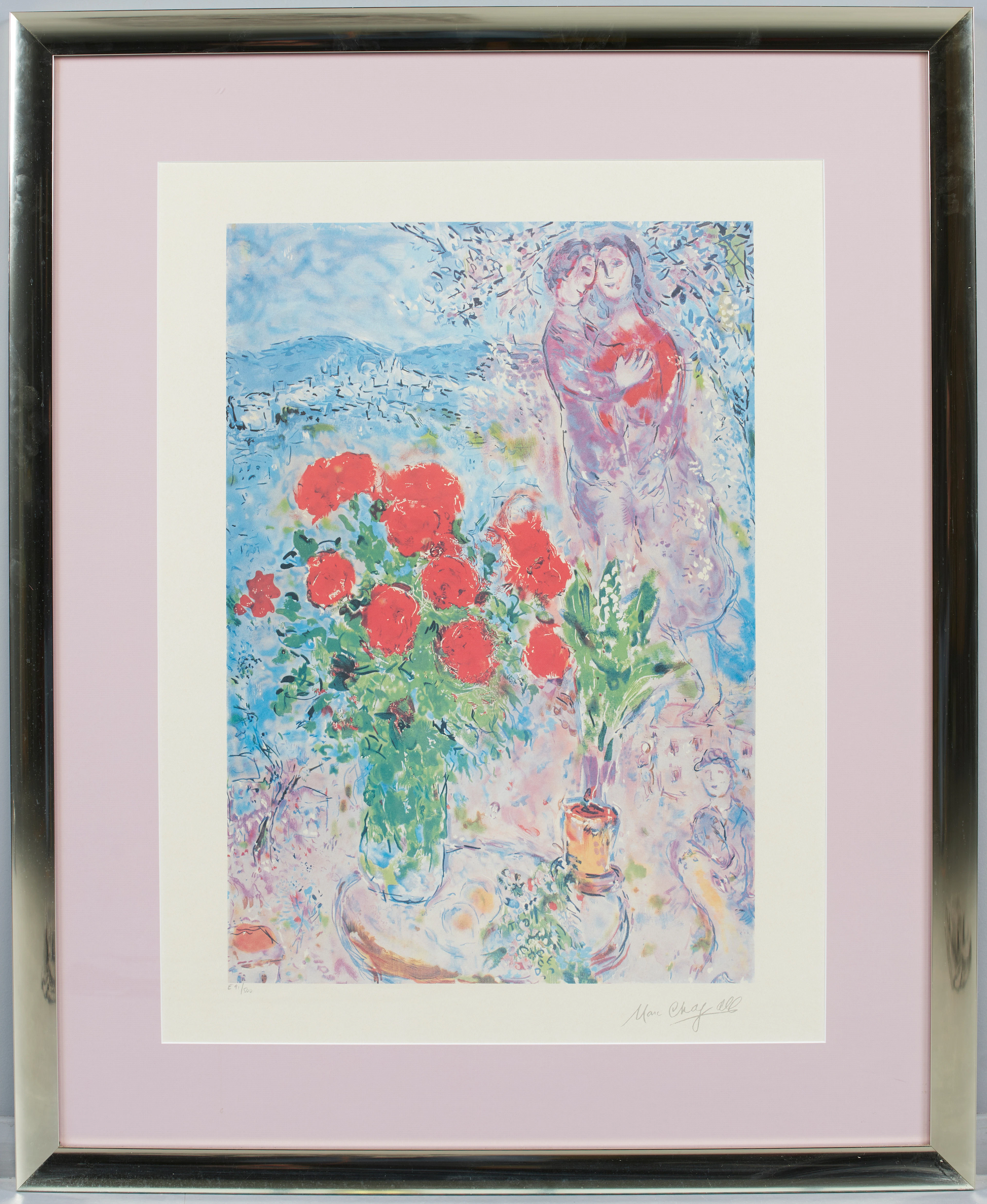 MARC CHAGALL (1887-1985). 'Red Bouquet with Lovers', Offsetlithografie.