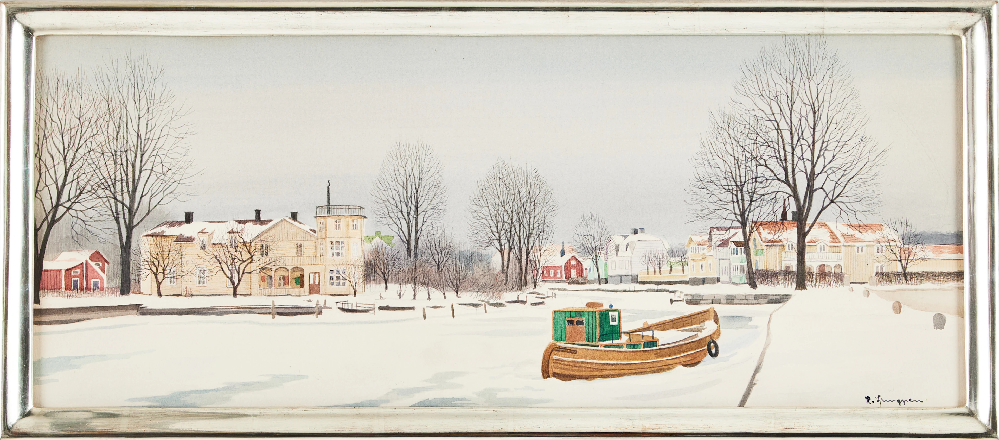 REINHOLD LJUNGGREN. "Hamnen, Trosa", akvarell, signerad.