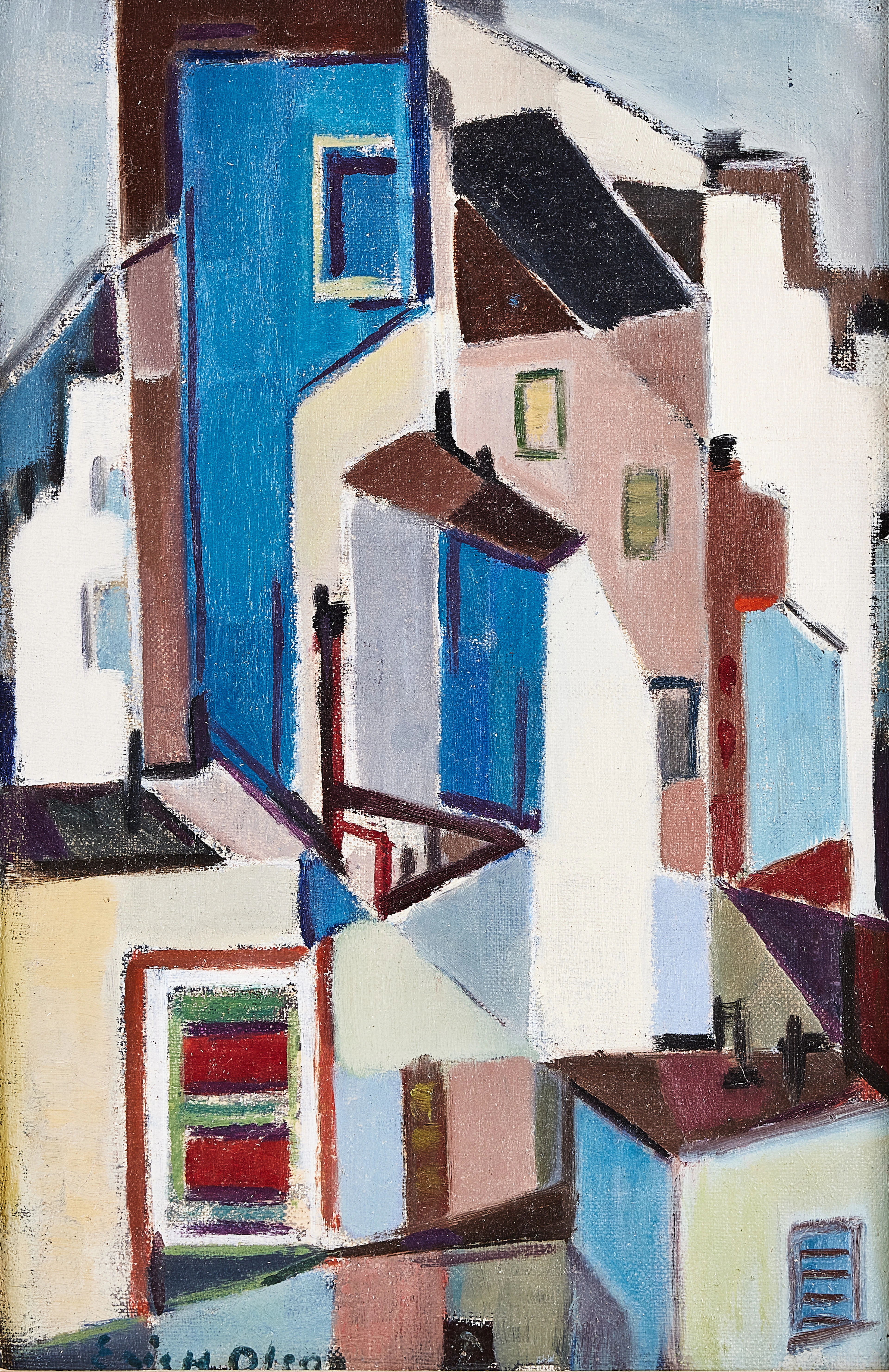 ERIC H. OLSON. Stadsbild, olja på pannå, signerad.