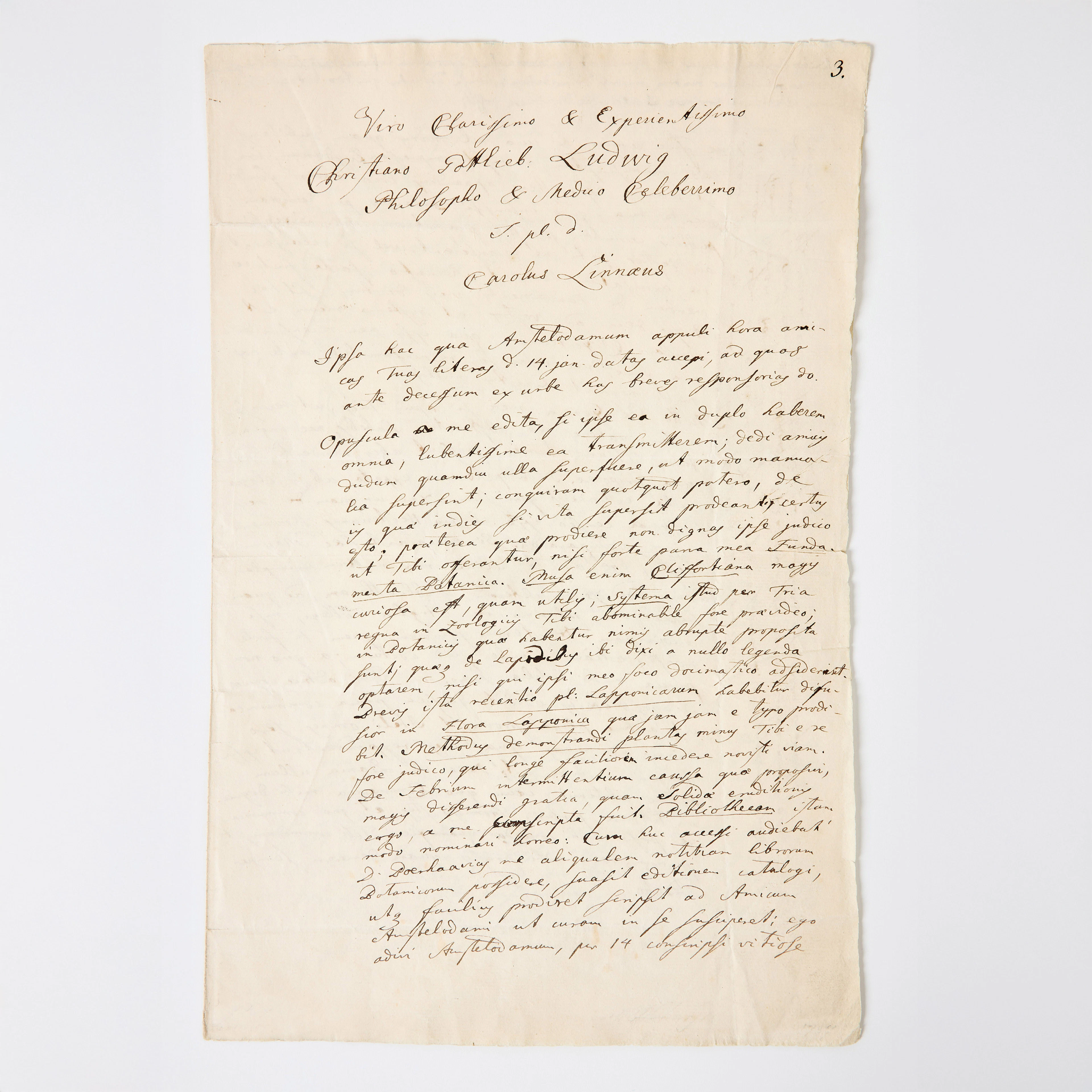 LINNAEUS'S AUTOGRAPH LETTER TO C. G. LUDWIG, 1737.