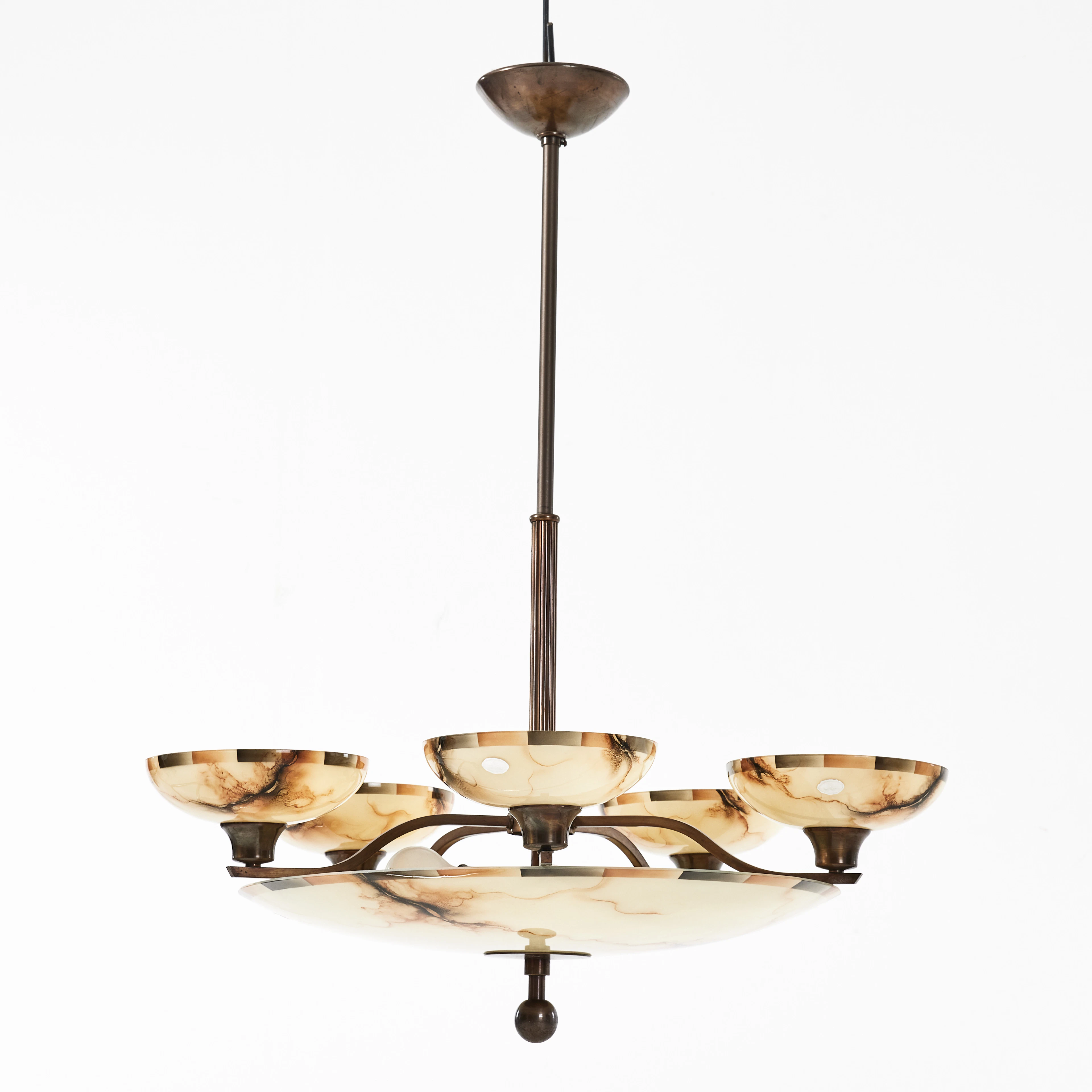 TAKLAMPA, 1930/40-tal, art deco, stomme i bronserad metall, marmorerade