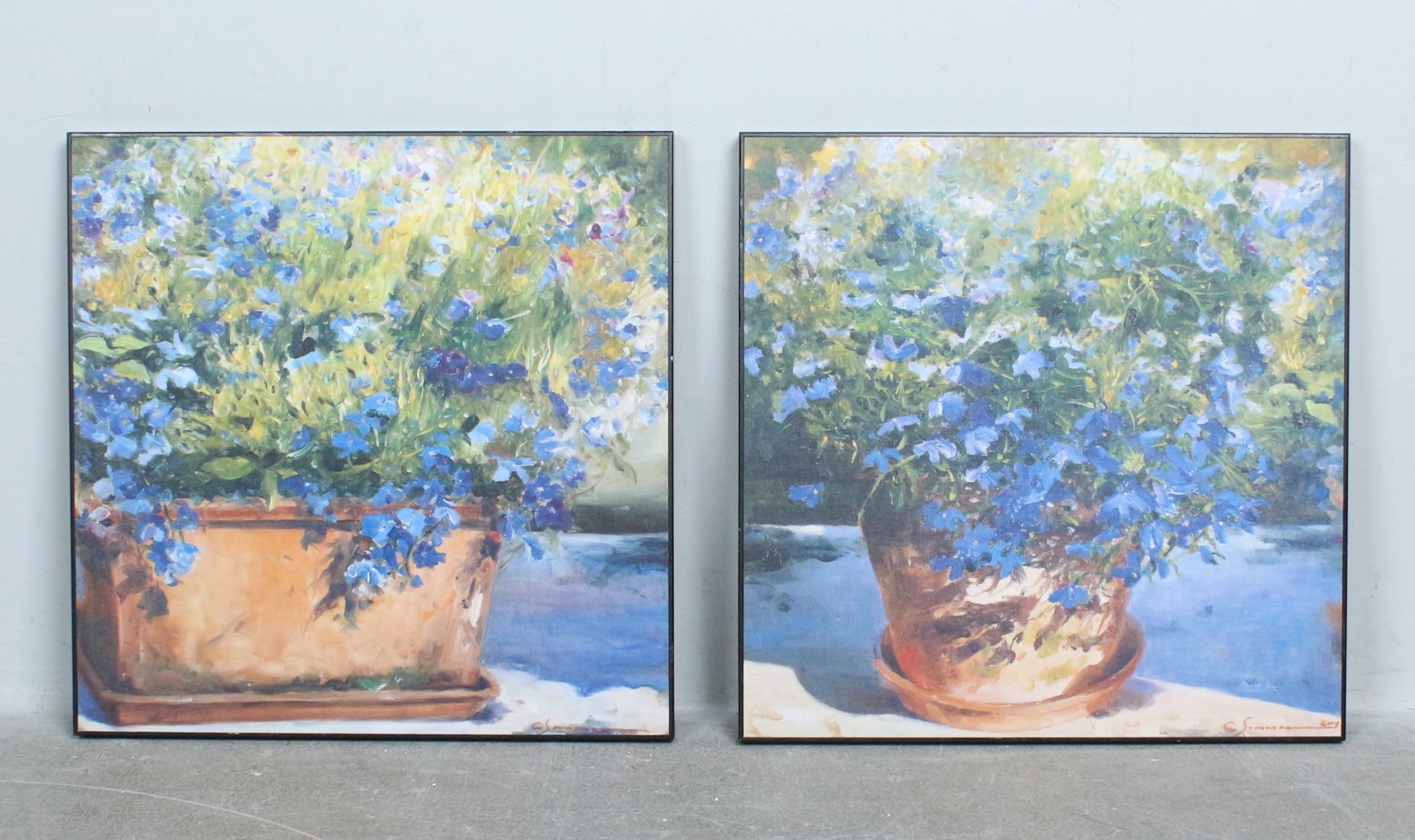 CHRIST. SOMMER. "Blaue Sommerblumen", 2 x Druck auf Holzplatte.