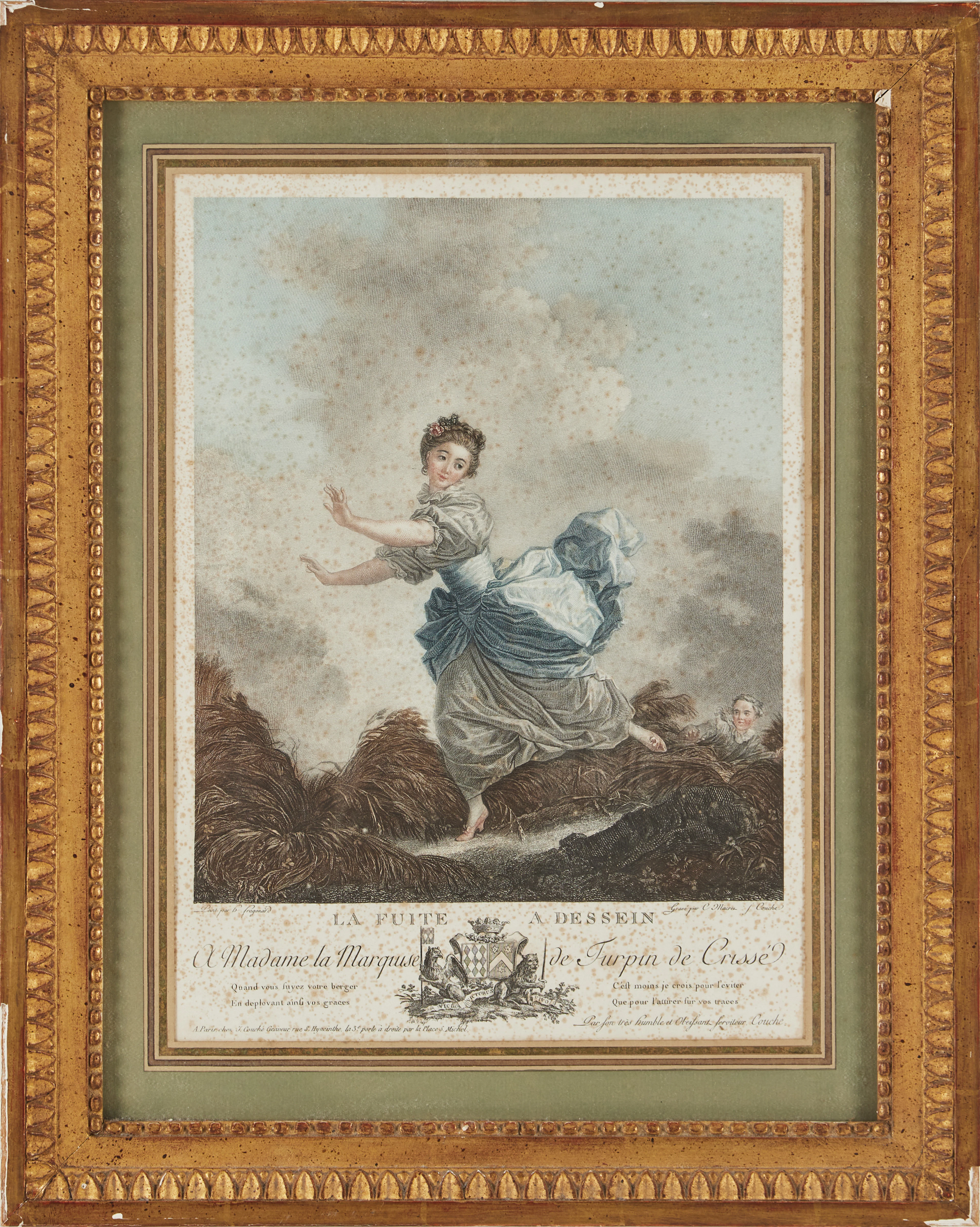 JEAN HONORÉ FRAGONARD, efter, "La fuite a dessein" färggravyr, 1700-talets