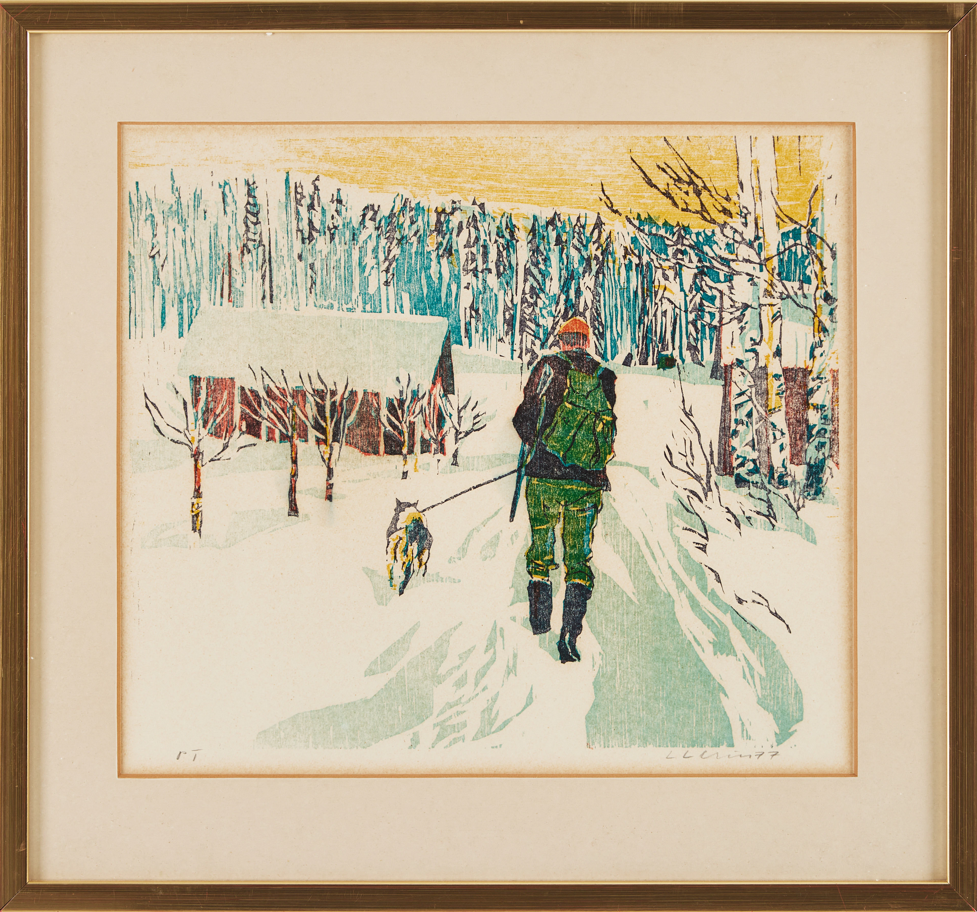 LARS LERIN. "Jägare", färgträsnitt, signerad, provtryck.