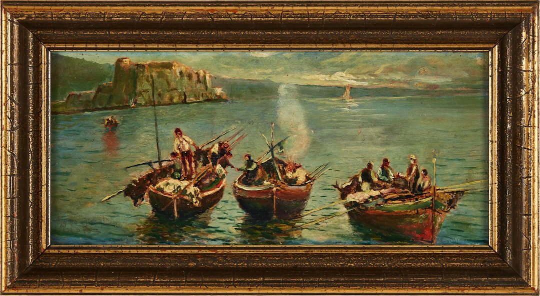 MAURO ABBATE (1900-TAL). Fiskebåtar, olja på duk.