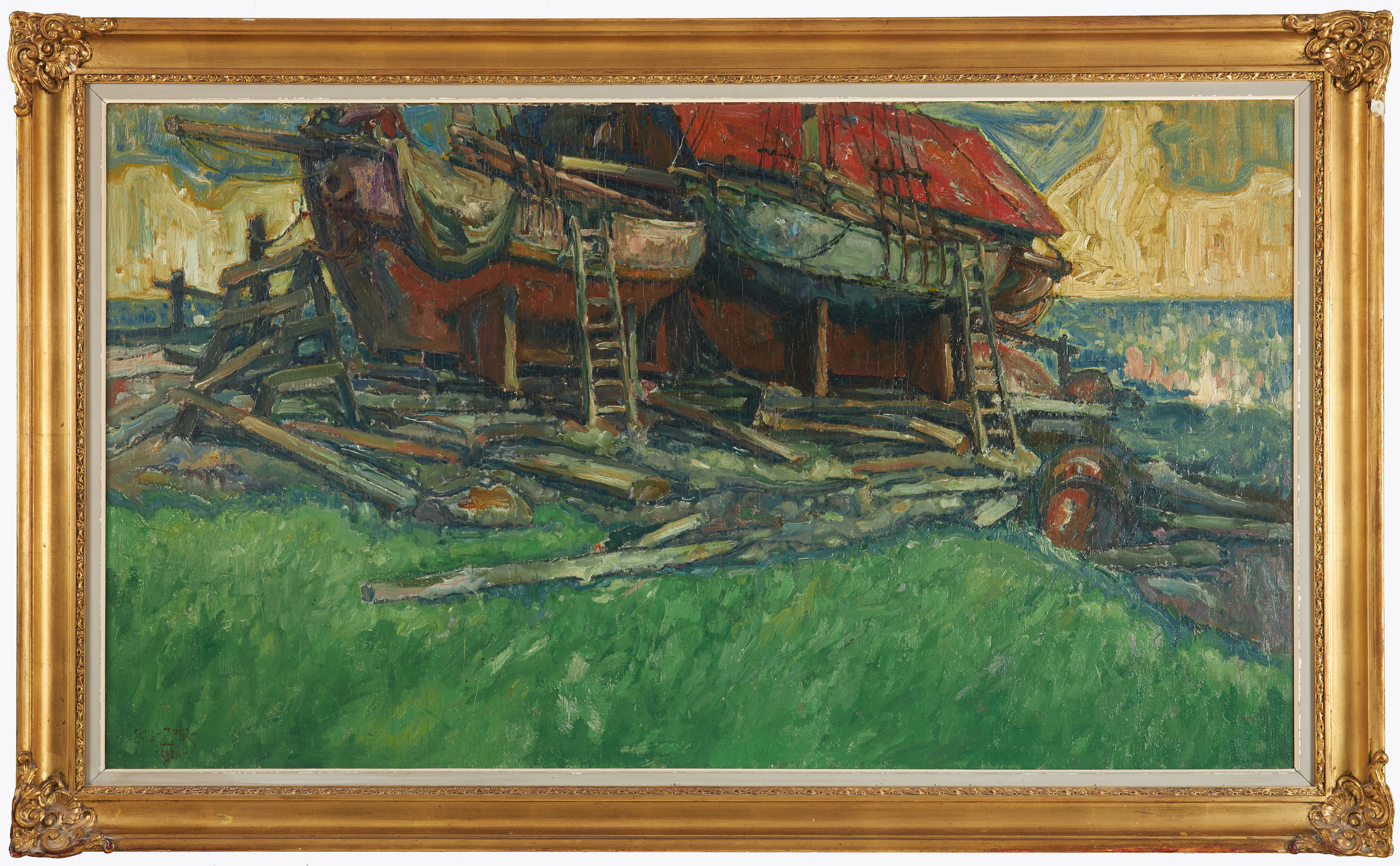 EMIL ZOIR. Båtvarv, olja på pannå, signerad och daterad, 1920.