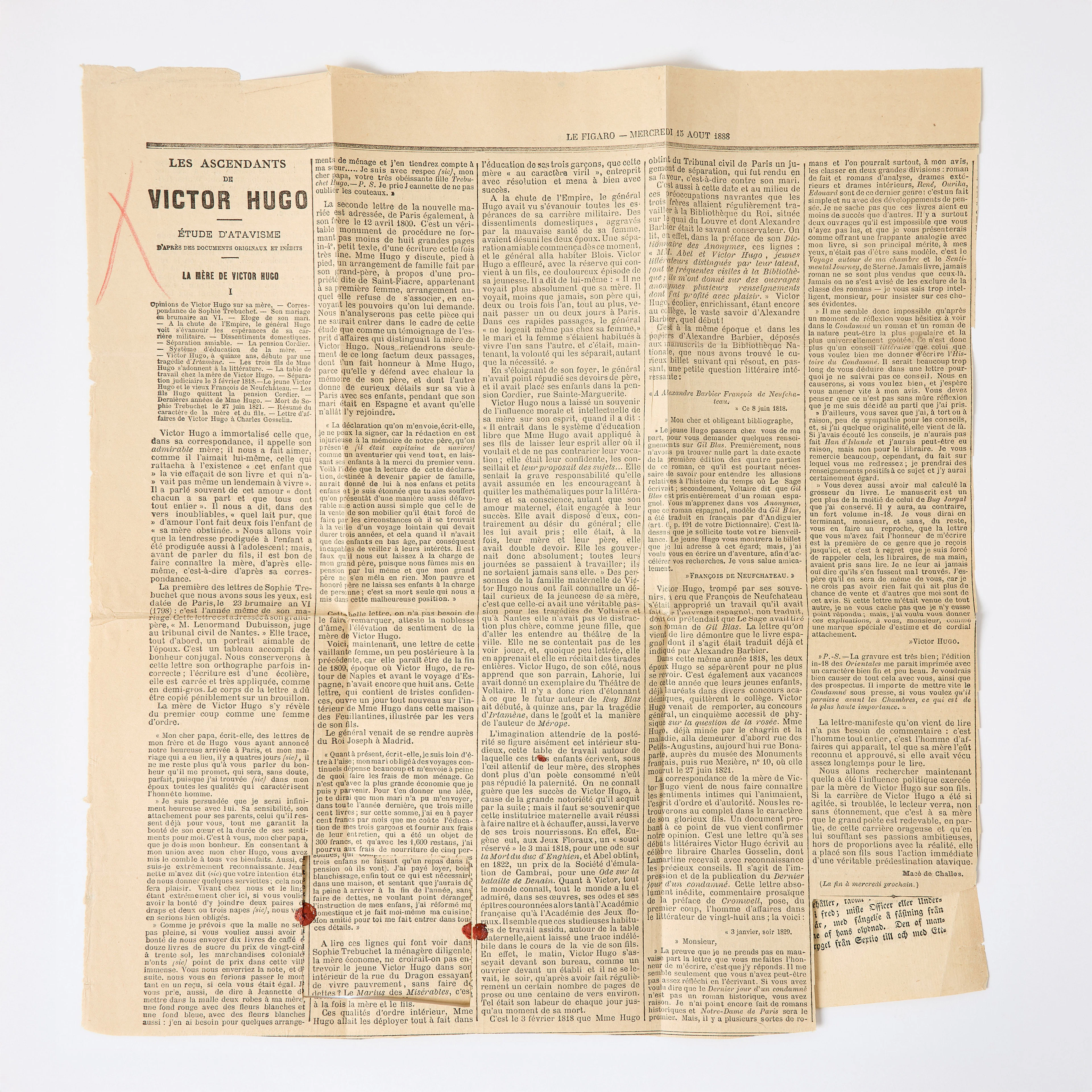 STRINDBERG - TIDNINGSURKLIPP UR LE FIGARO, 15 augusti 1888.