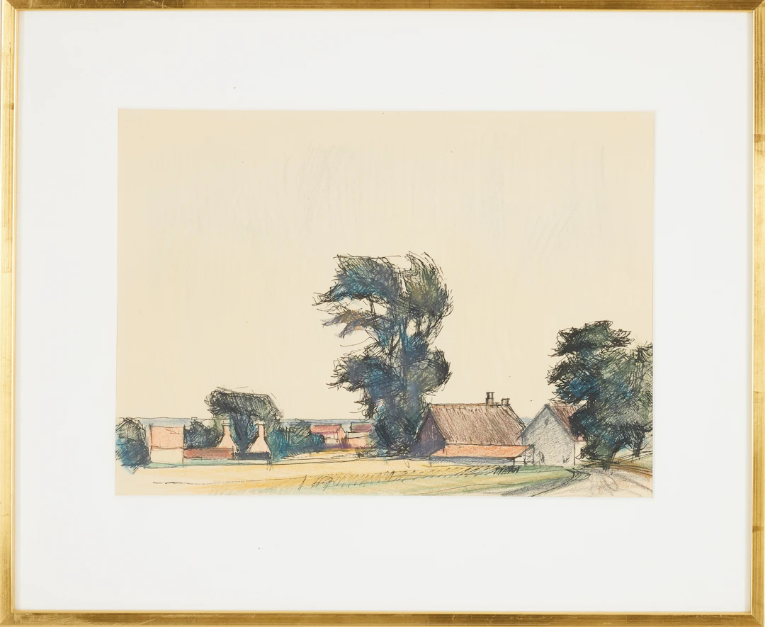 JUHAN NÕMMIK. (ESTLAND, 1902-1975). Blandteknik på papper, gårdsmotiv