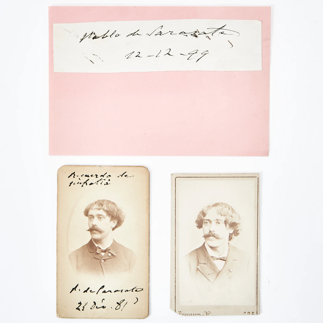 SARASATE CARTE DE VISIT WITH AUTOGRAPH AND TWO MORE. 3 ITEMS.