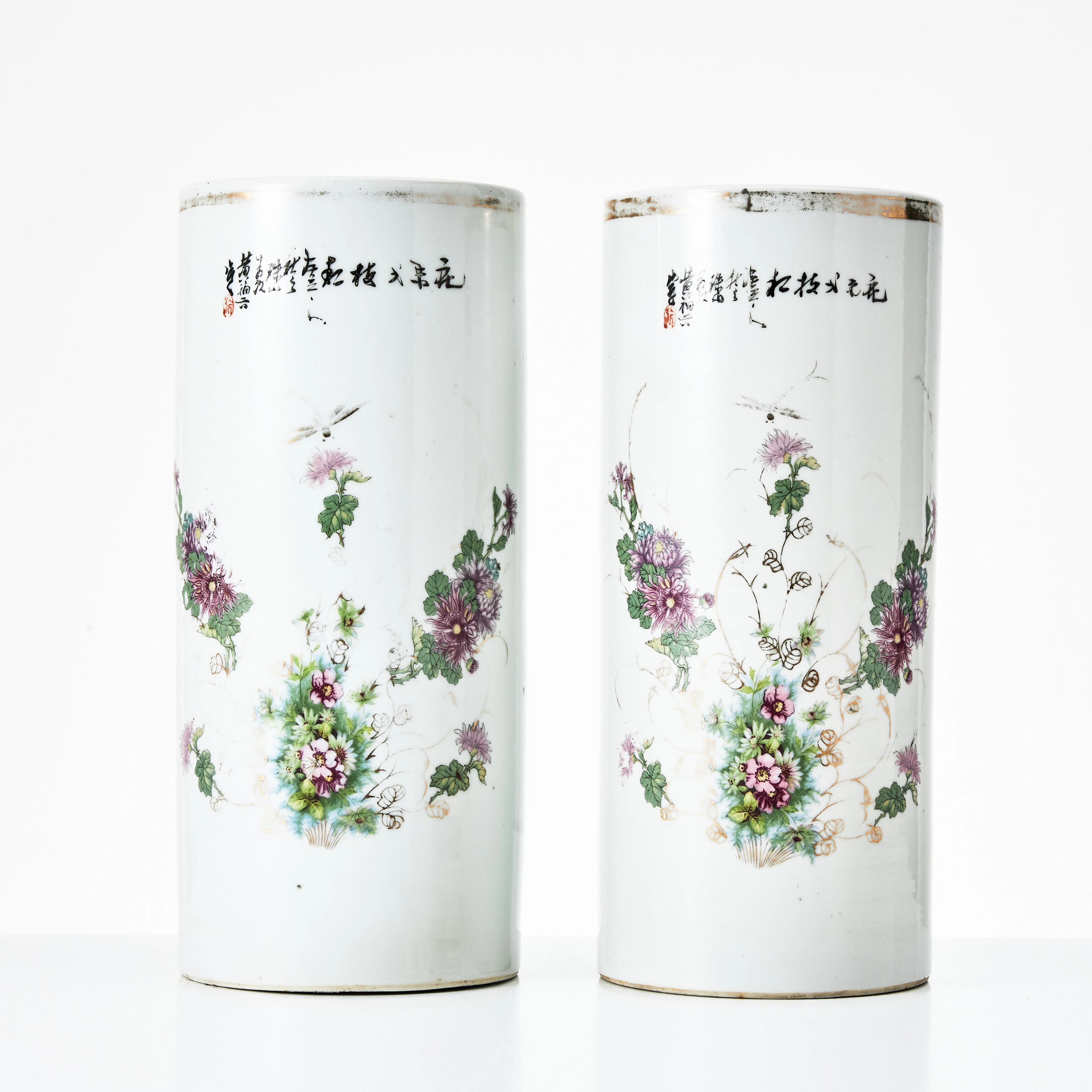 PENSELVASER, ett par, porslin, Kina, Republik (1912-1949), cylinderformade