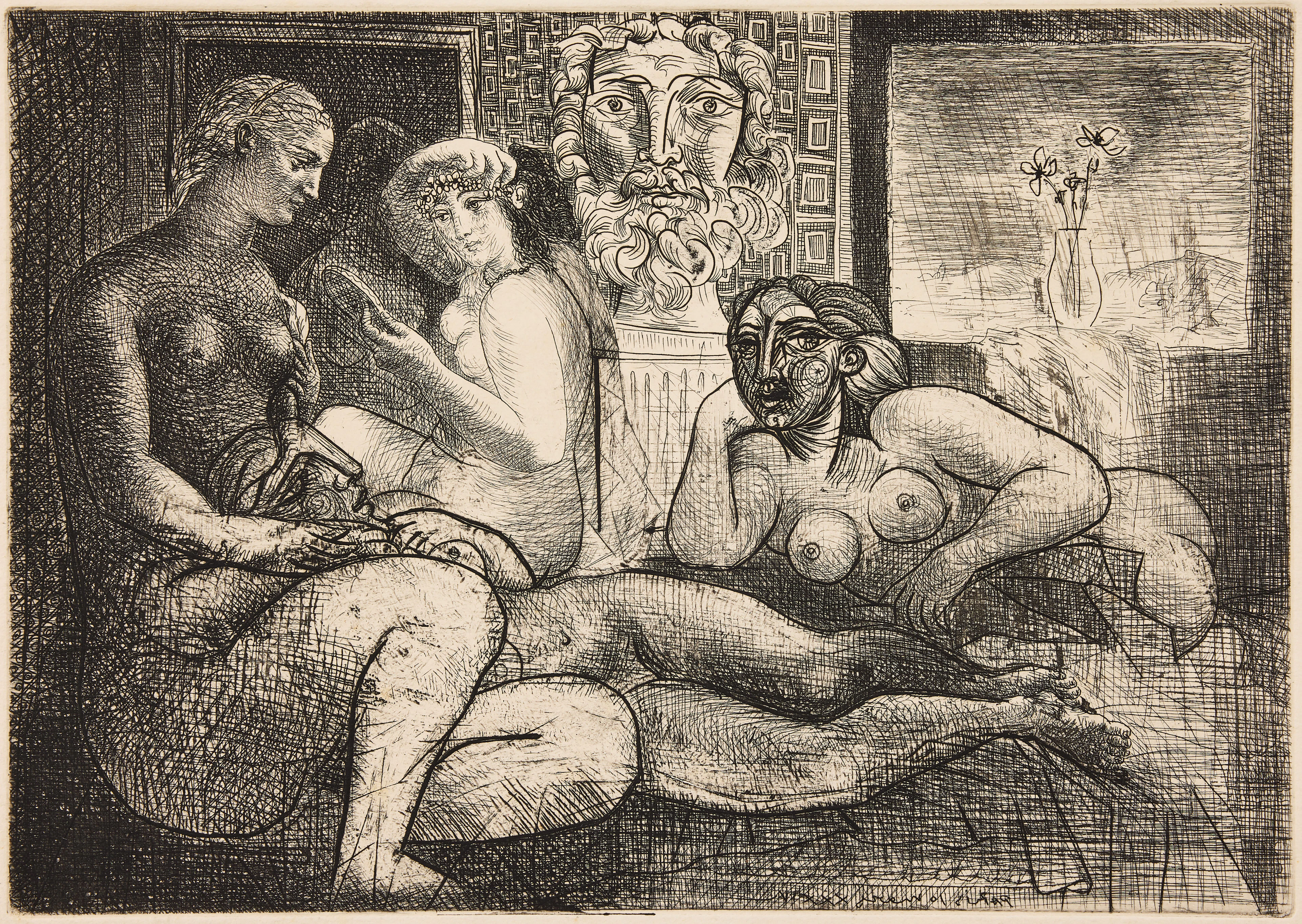 PABLO PICASSO. ”Quatre femmes nues et tête sculptée” from ”La Suite Vollard”.