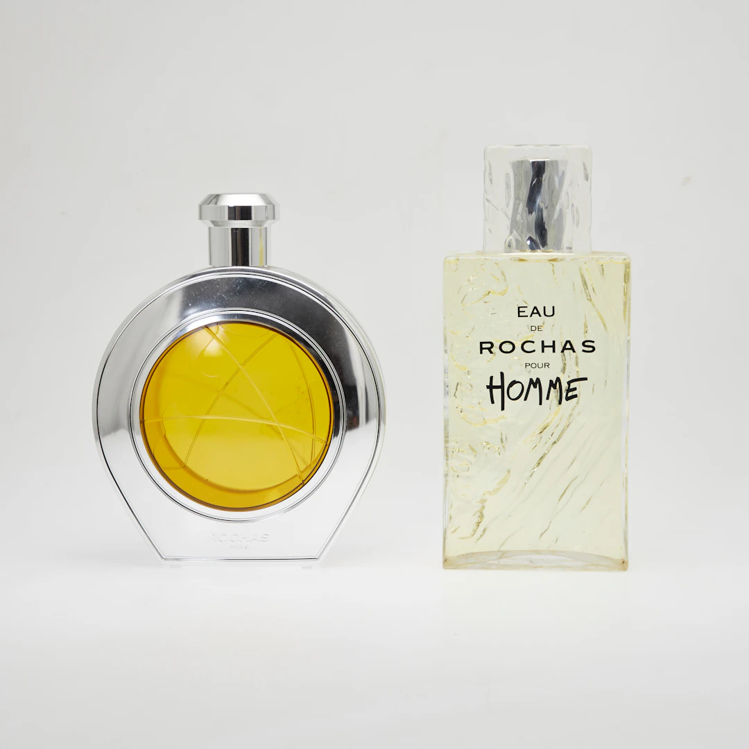 ROCHAS. Paar Großfacticen / Flacons, Glas, Kunststoff, 1990er Jahre
