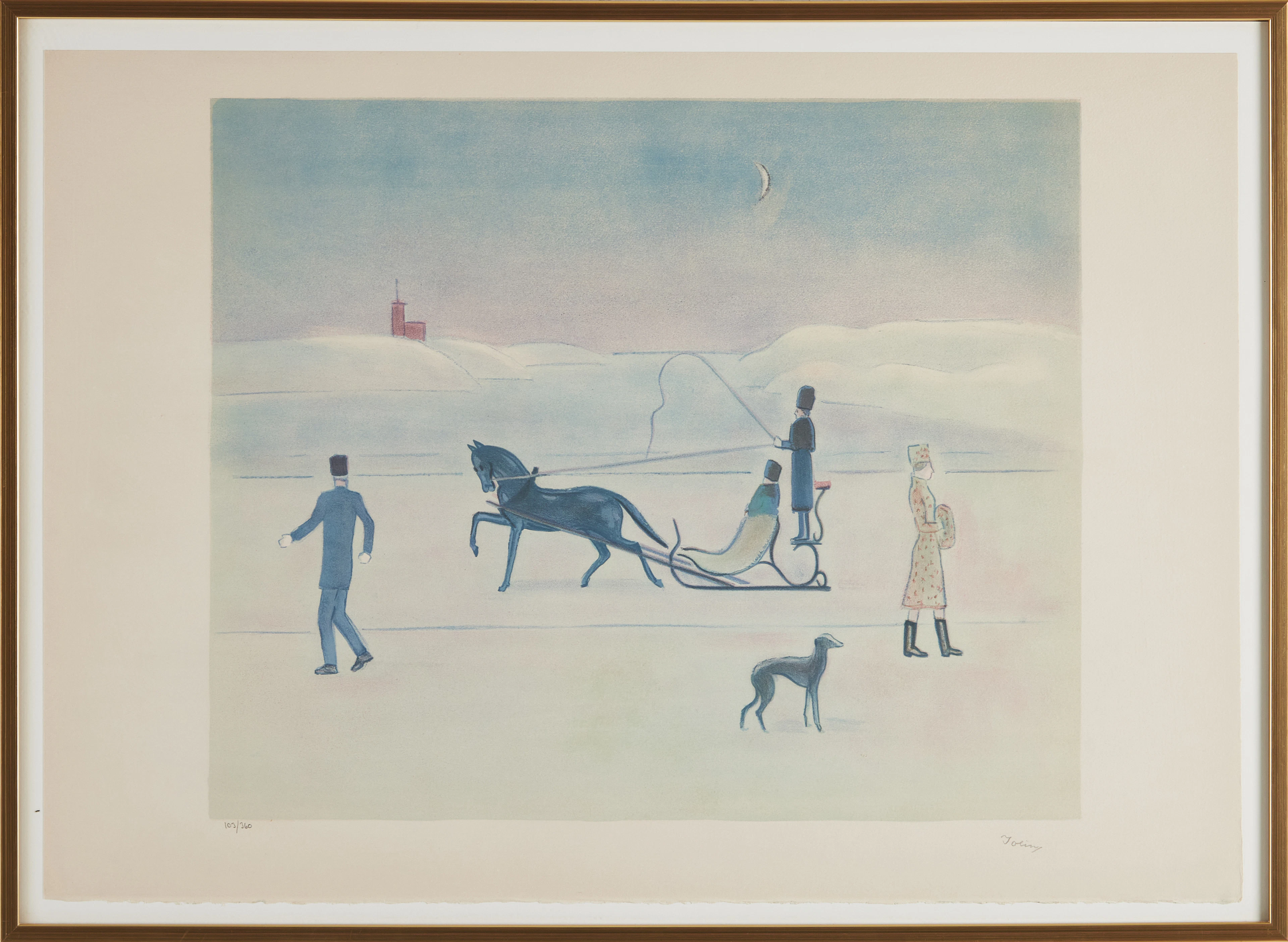 EINAR JOLIN. "Slädåkning", färglitografi, 103/360, signerad Jolin