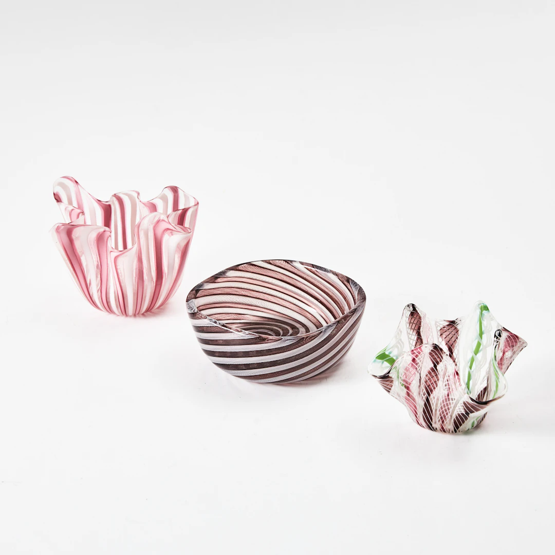SKÅLAR, 3 st, glas, 2 st sk. näsduksvaser, Murano, Italien.