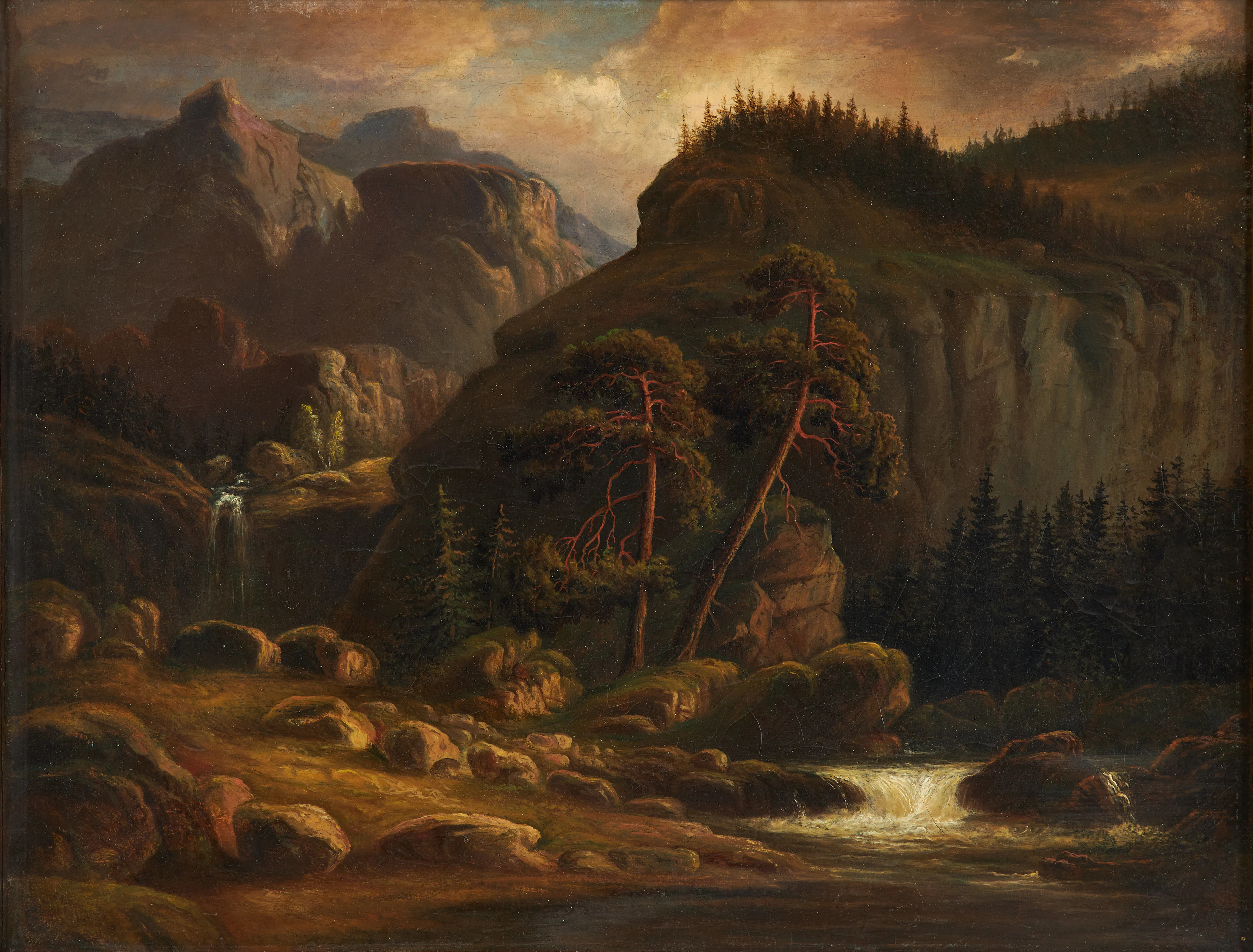 MARCUS LARSON (1825-1864). TILLSKRIVEN. Bergslandskap med fors.