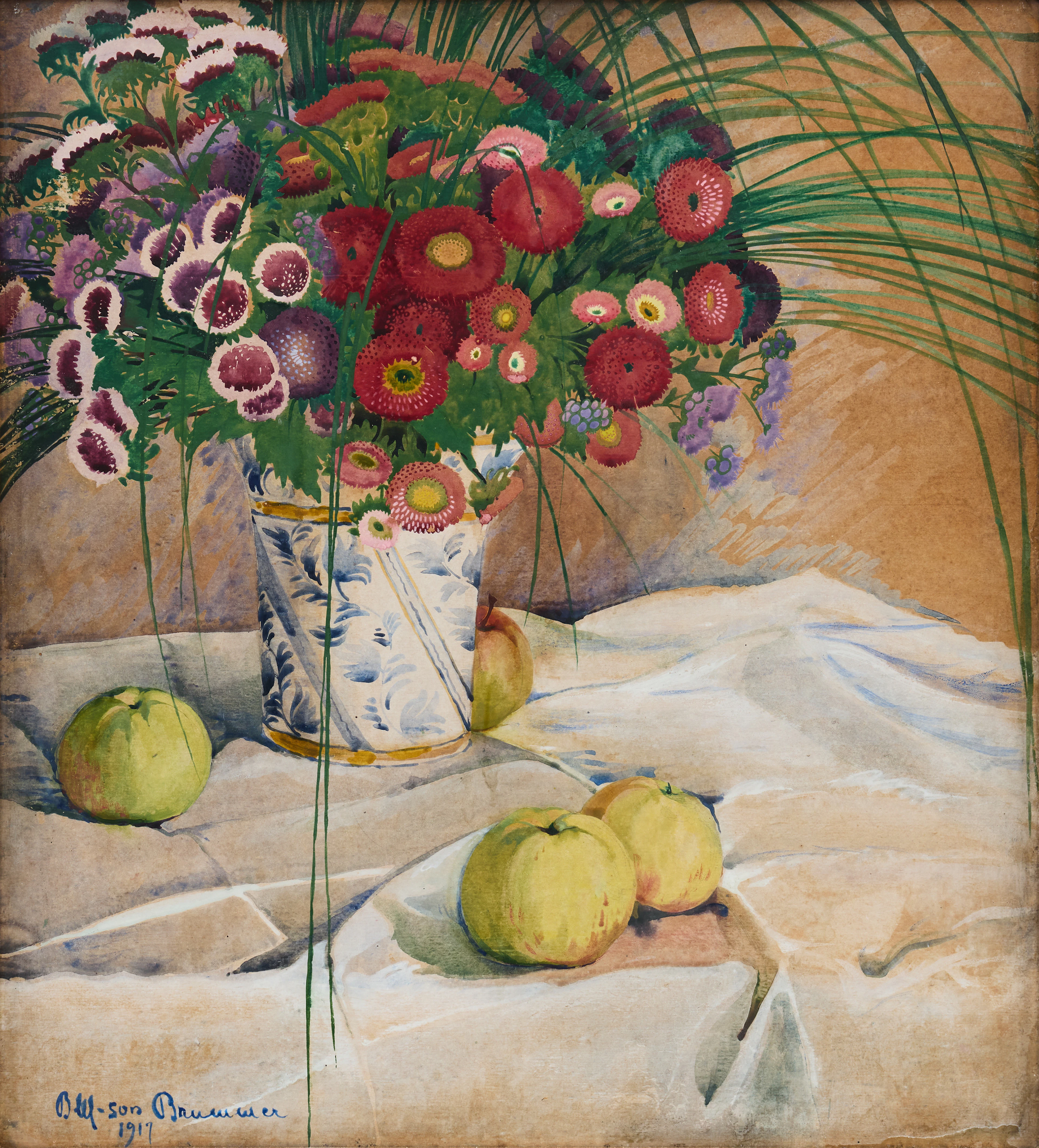 BEATA MÅRTENSSON-BRUMMER (1880-1956). "Blombukett med äpplen".