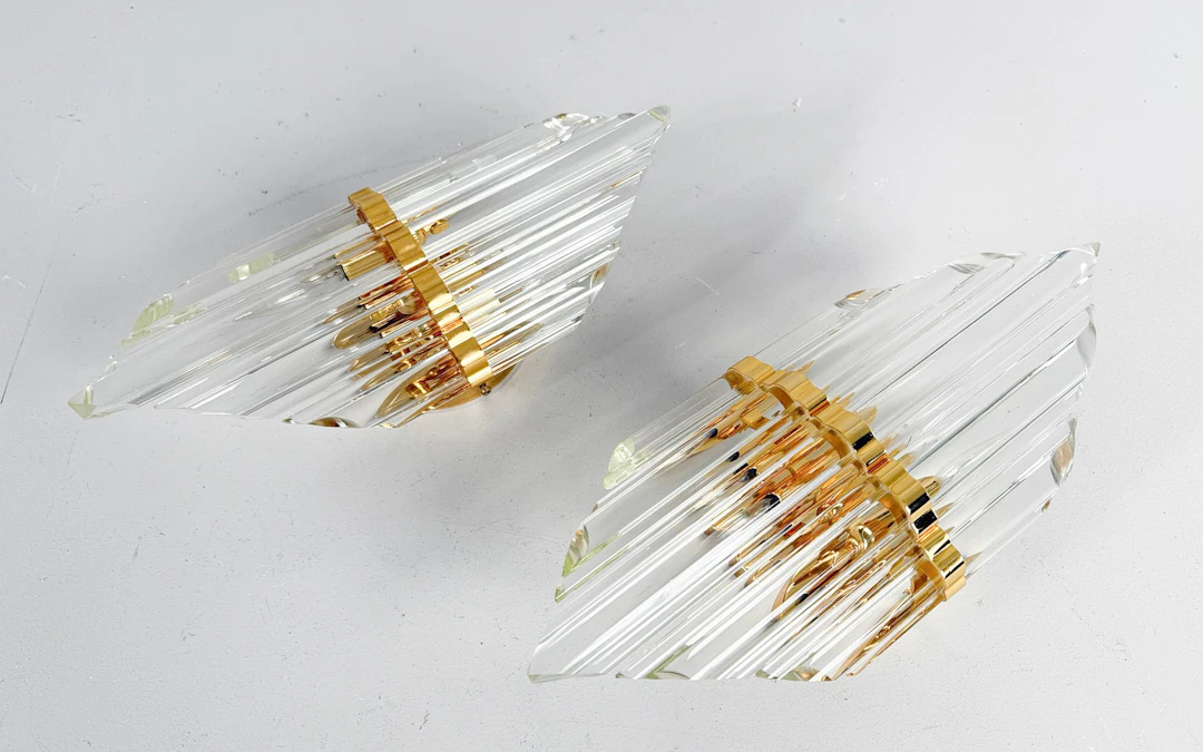 2er Set Wandlampen/Wandappliken, Kristallglas, Italien, 1970er Jahre.