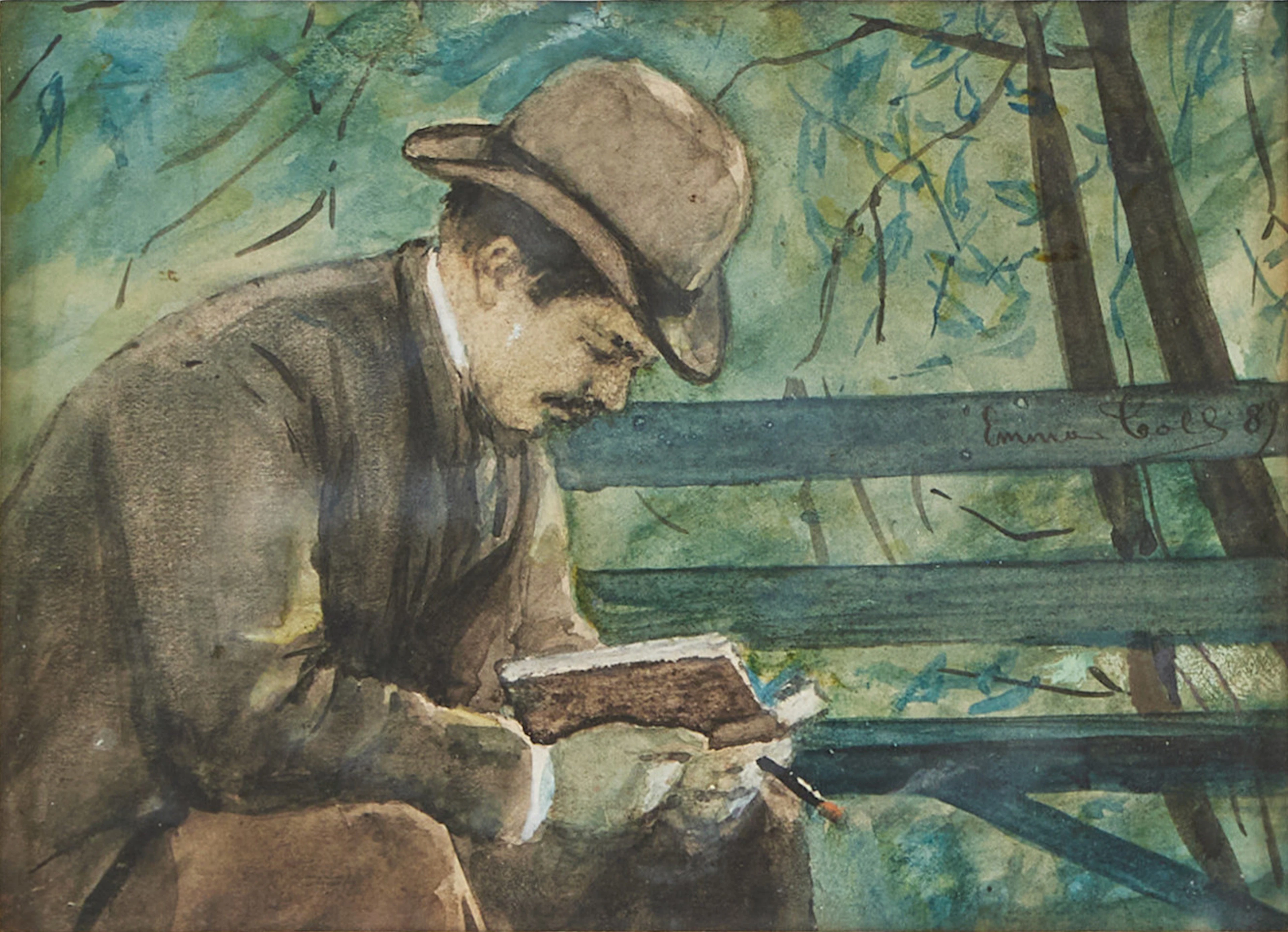 EMMA TOLL (1847-1917). Läsande man på bänk, akvarell, signerad Emma Toll, -89.