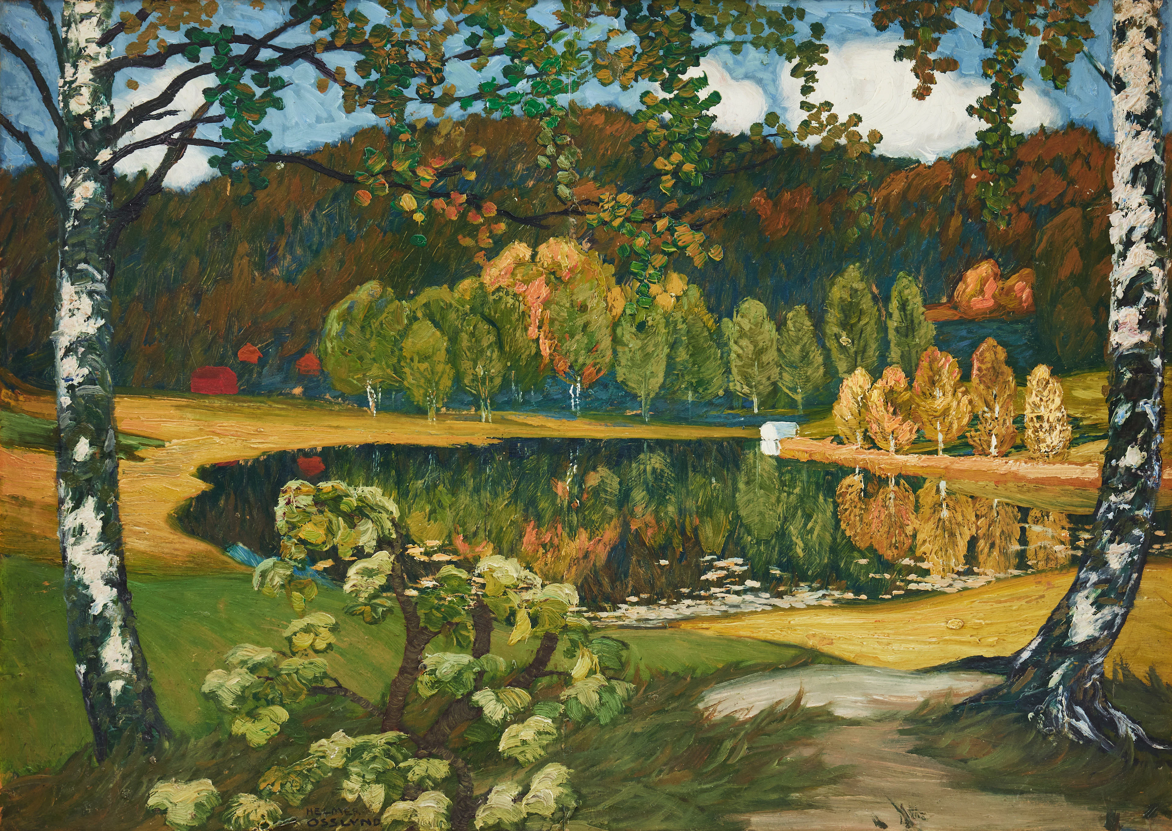 HELMER OSSLUND. Höstlandskap med reflektioner i sjö.
