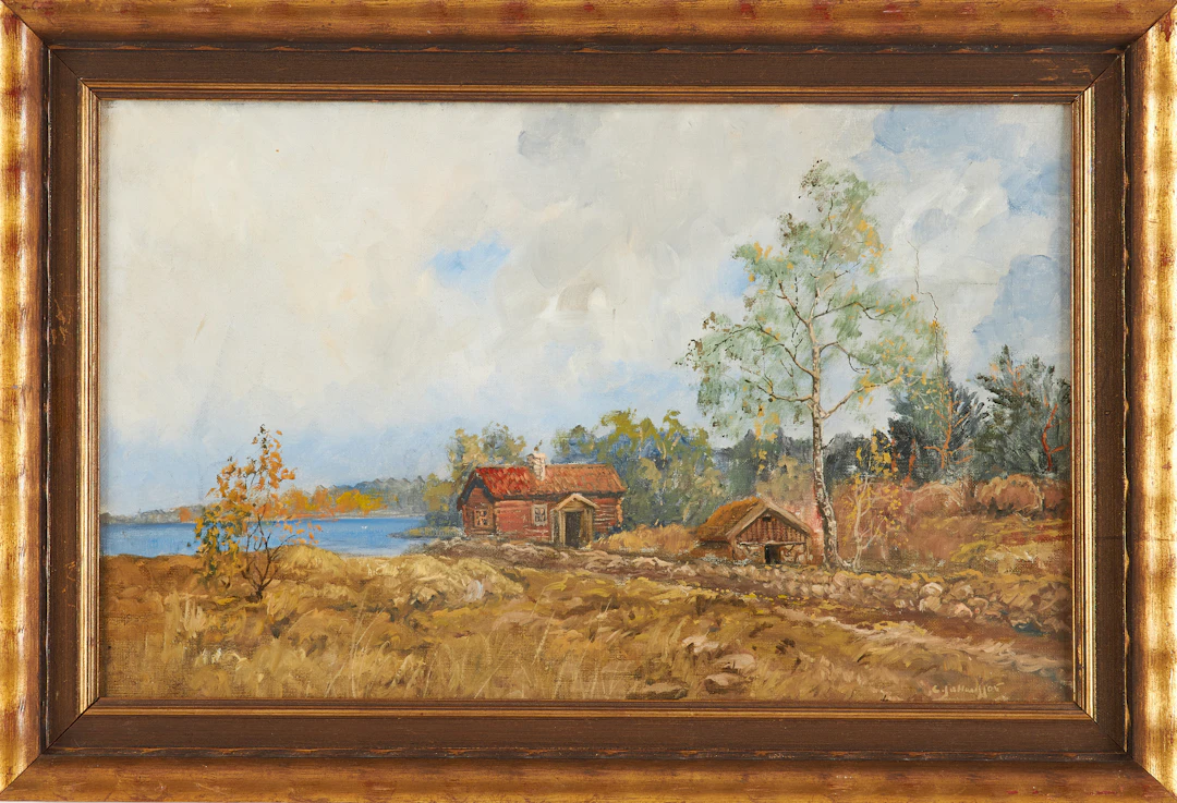 CARL JOHANSSON. Insjölandskap med stuga, olja på duk, signerad.