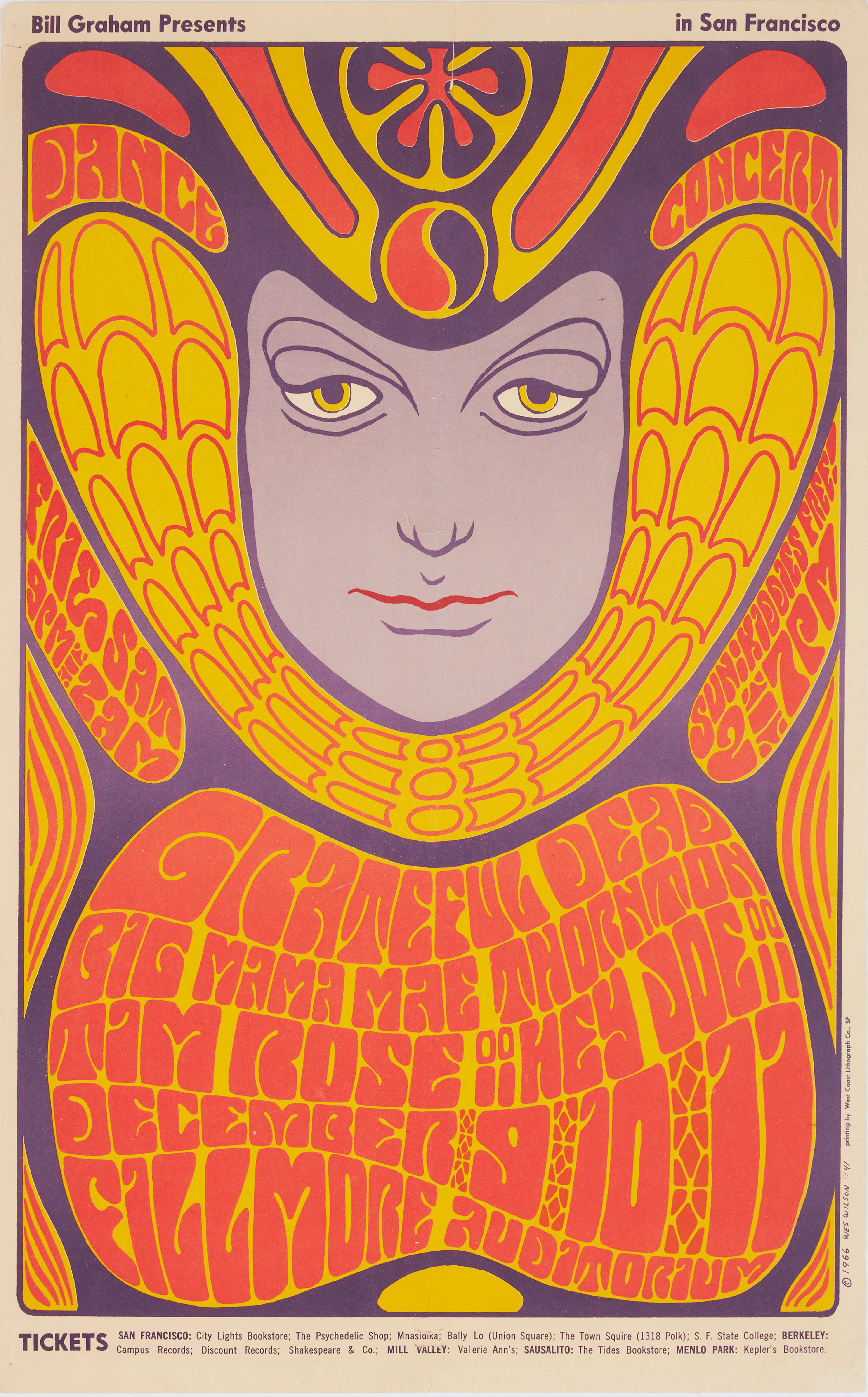 GRATEFUL DEAD, PSYKEDELISK KONSERTAFFISCH, SAN FRANCISCO, WES WILSON, 1966.