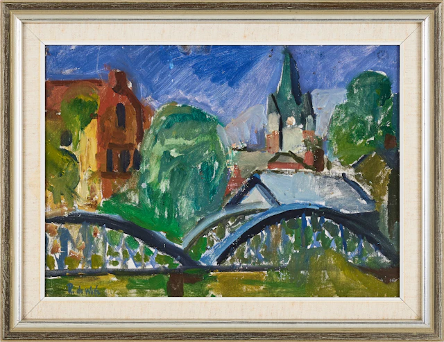 RONALD DE WOLFE. Domkyrkan Mariestad, olja på duk, signerad R De Wolfe.