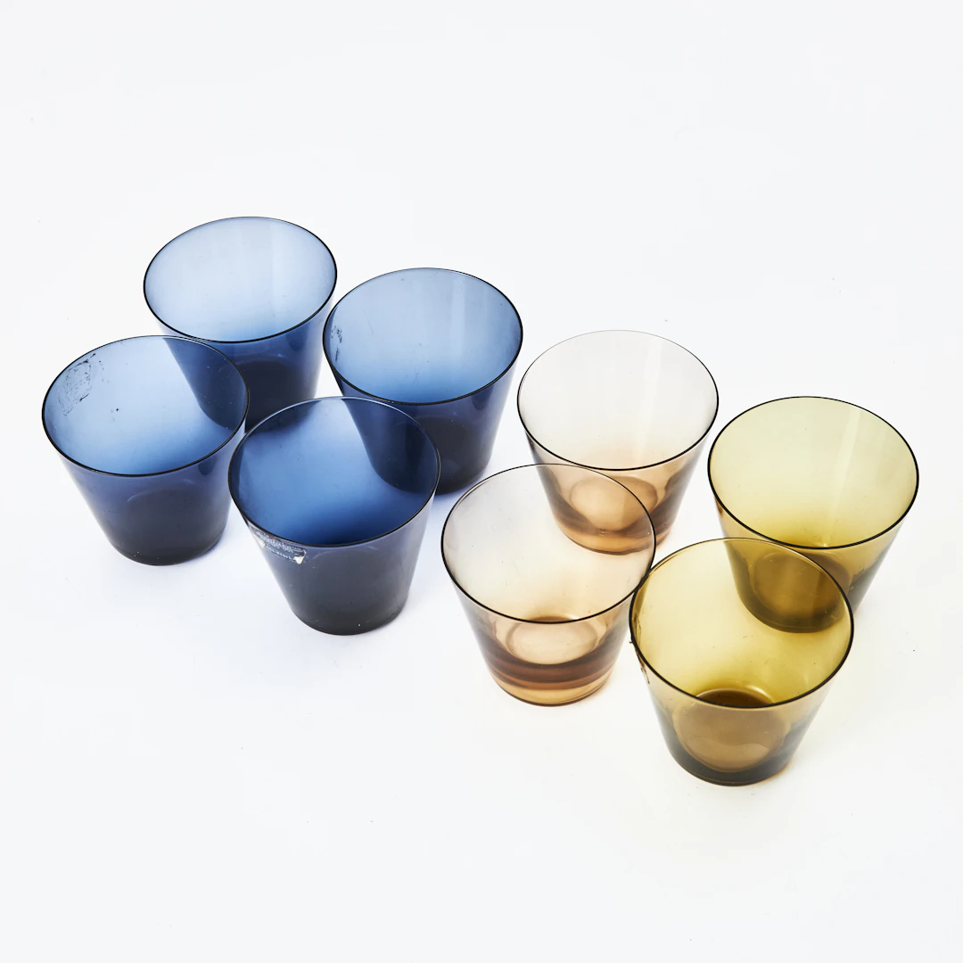 KAJ FRANCK. GLAS, "Kartio" 8 stycken glas, Nuutajärvi Notsjö. 3 etikettmärkta.