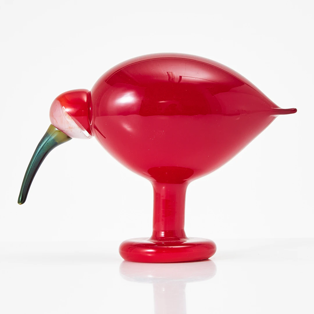 OIVA TOIKKA. Figurin, glas, fågel, Röd Ibis, etikett Iittala, ristad