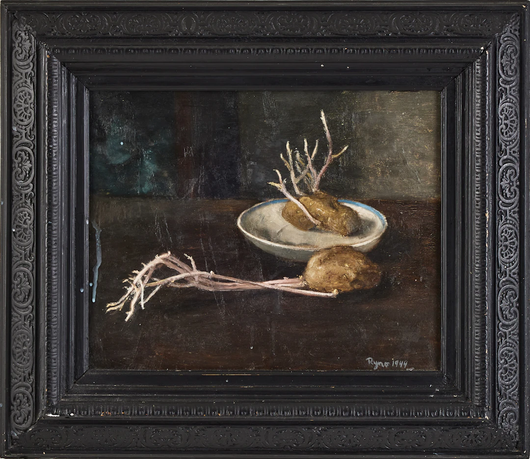 RYNO FRIEBERG. Stilleben med potatis, oljemålning på pannå, signerad