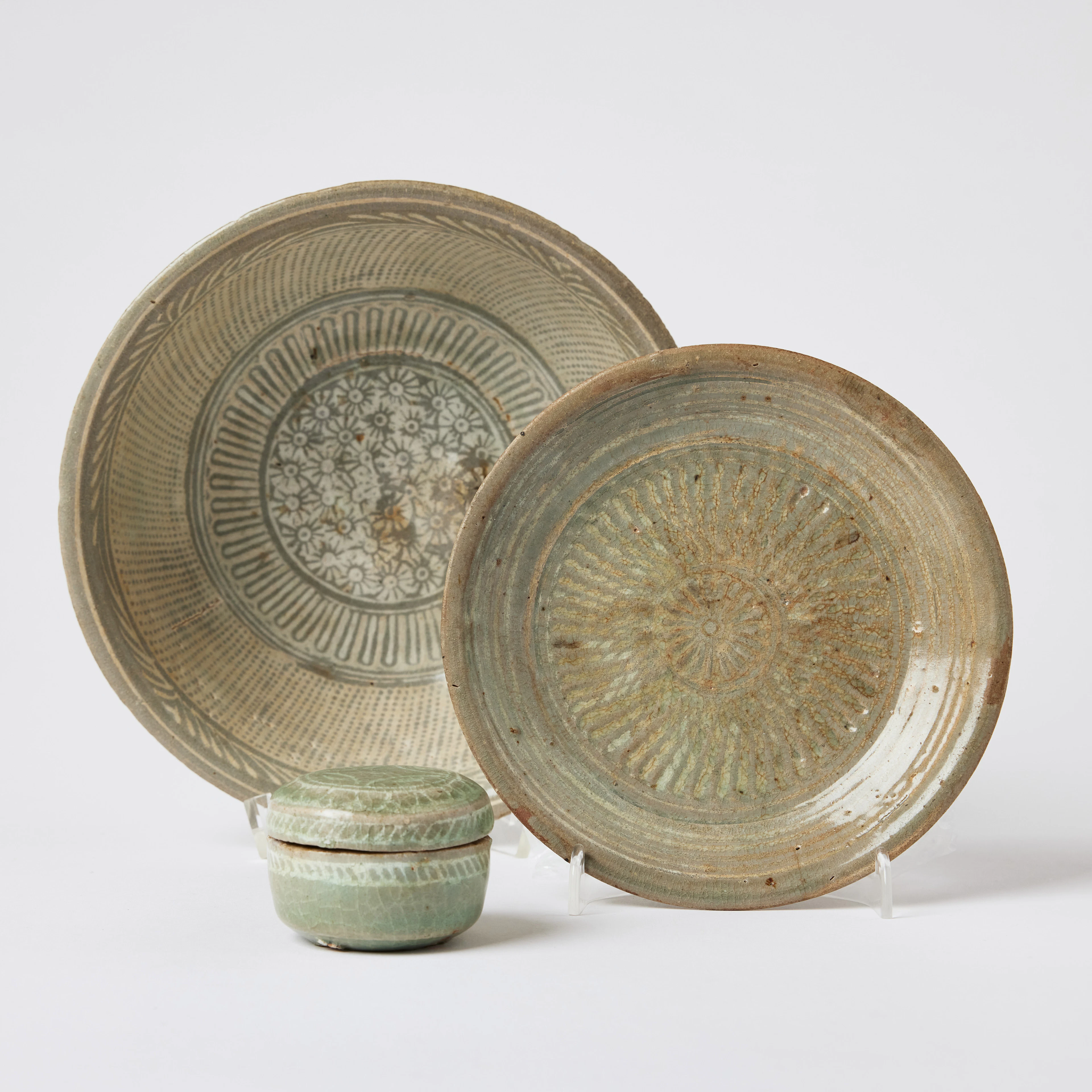 Three Korean Slip-Inlaid Stoneware Objects.