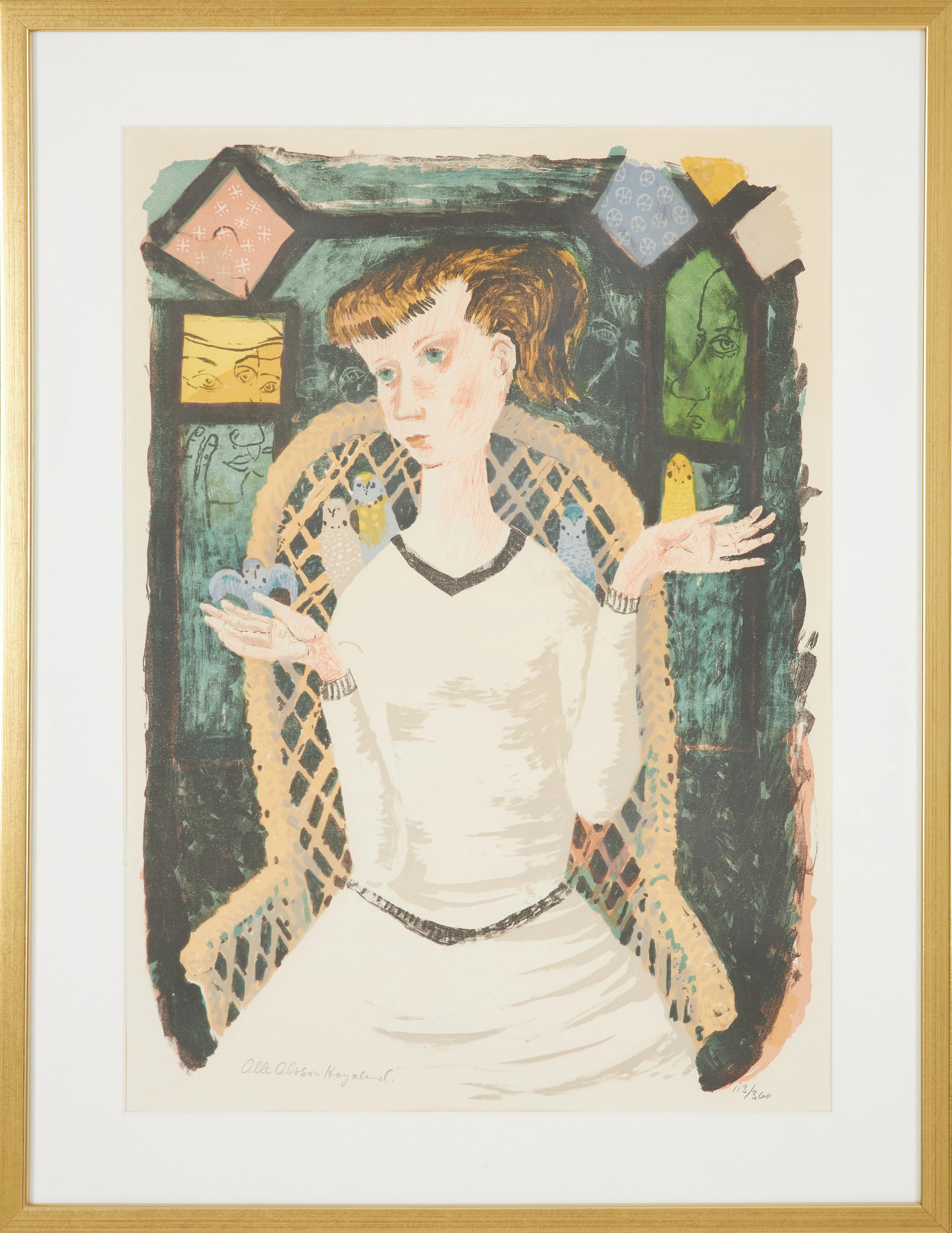 OLLE OLSSON-HAGALUND (1904-1972). Flicka med undulater, färglitografi