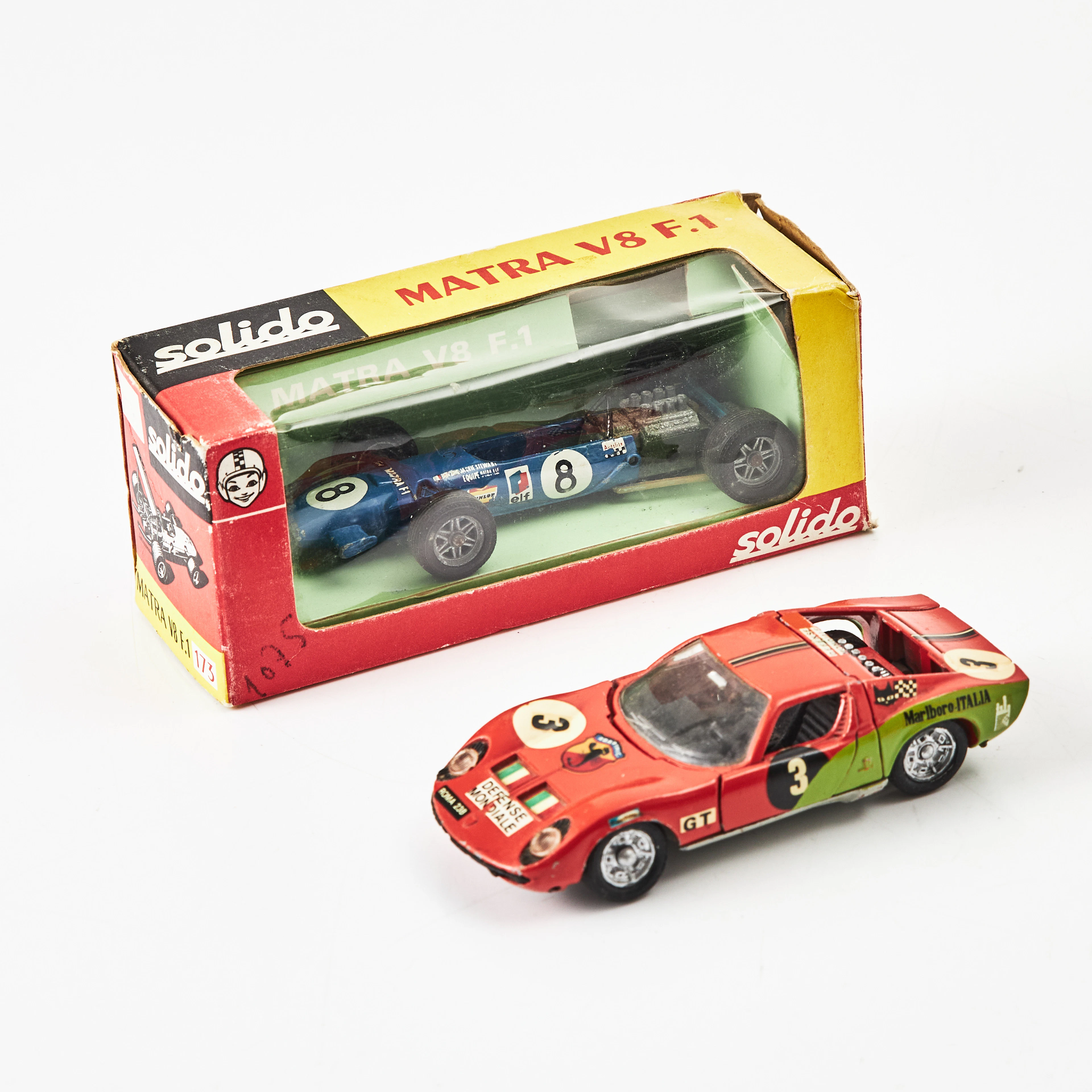 MODELLBILAR, 2 st., Matra V8 F.1 och Lamborghini P400 Miura (årsmodell
