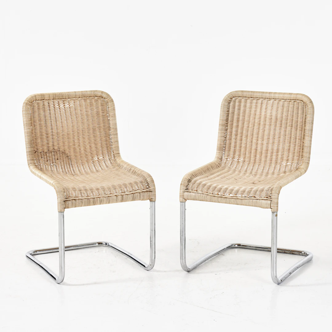 STOLAR, 1 par, troligen Tecta, 1970-tal. Stålrör med flätade sitsar