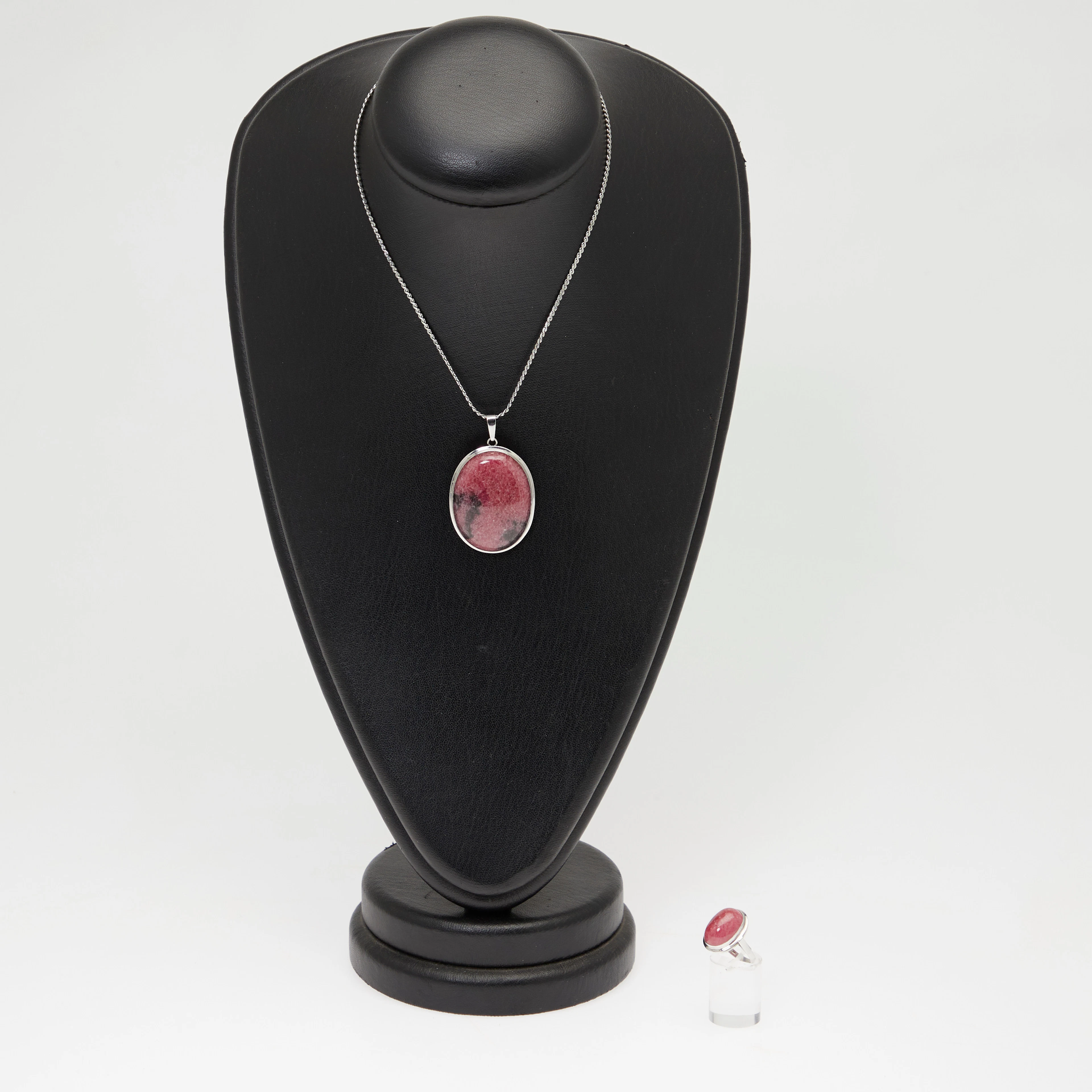 Schmuck-Set, Kette, Ring 835er Silber, Rhodonit.