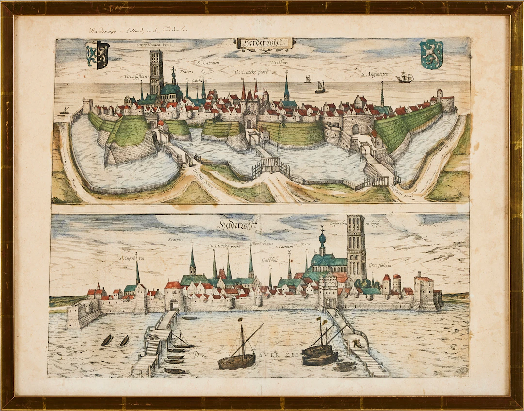 GEORG BRAUN och FRANS HOGENBERG, efter. Två vyer över Harderwijk.