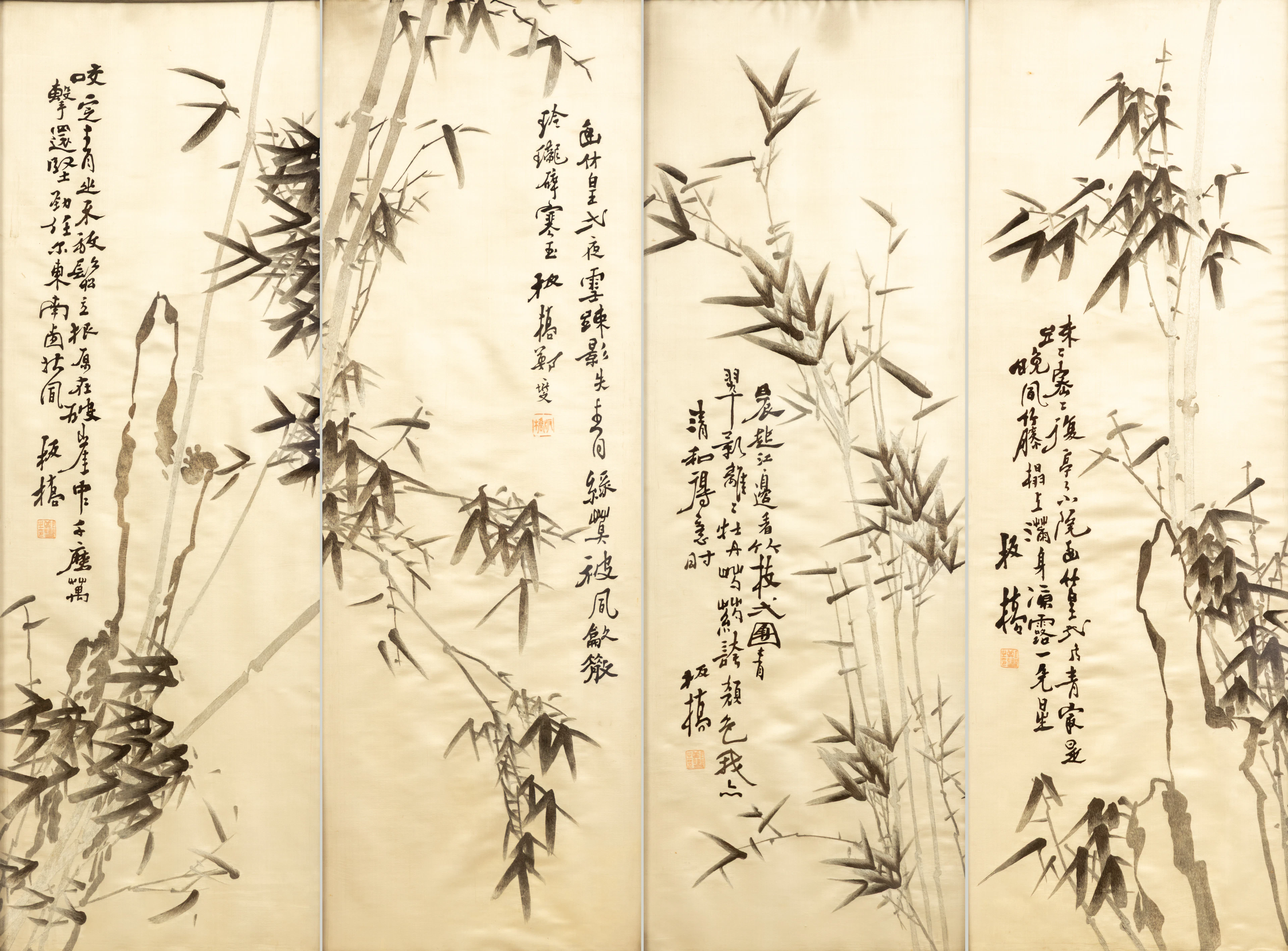 ACH ZHENG XIE (BANQIAO) (1693–1765). Vier bestickte Seidenbilder