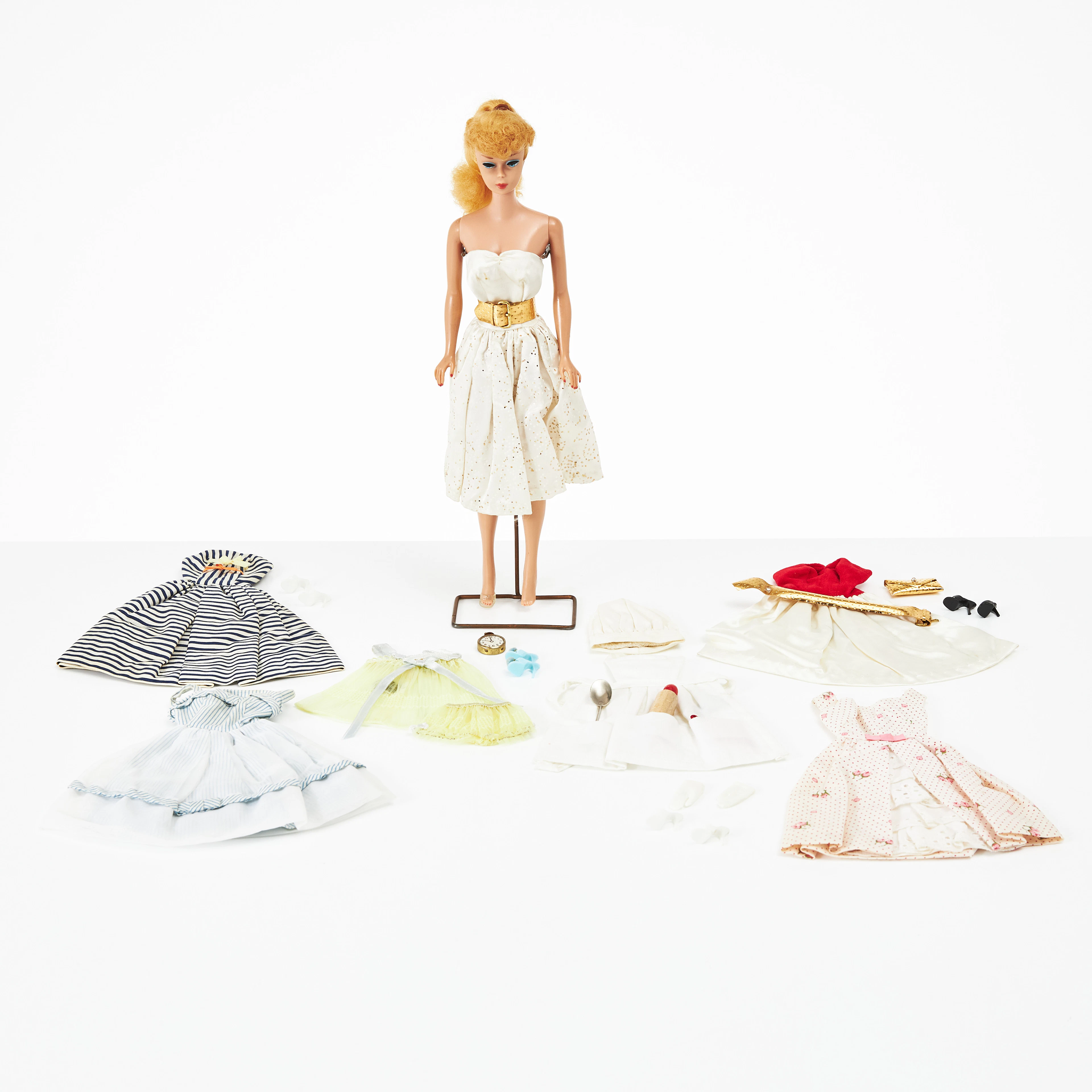 BARBIE, #0850 SL Blonde curly bangs with ponytail, OUTFITS, (8), 1960s, Mattel.