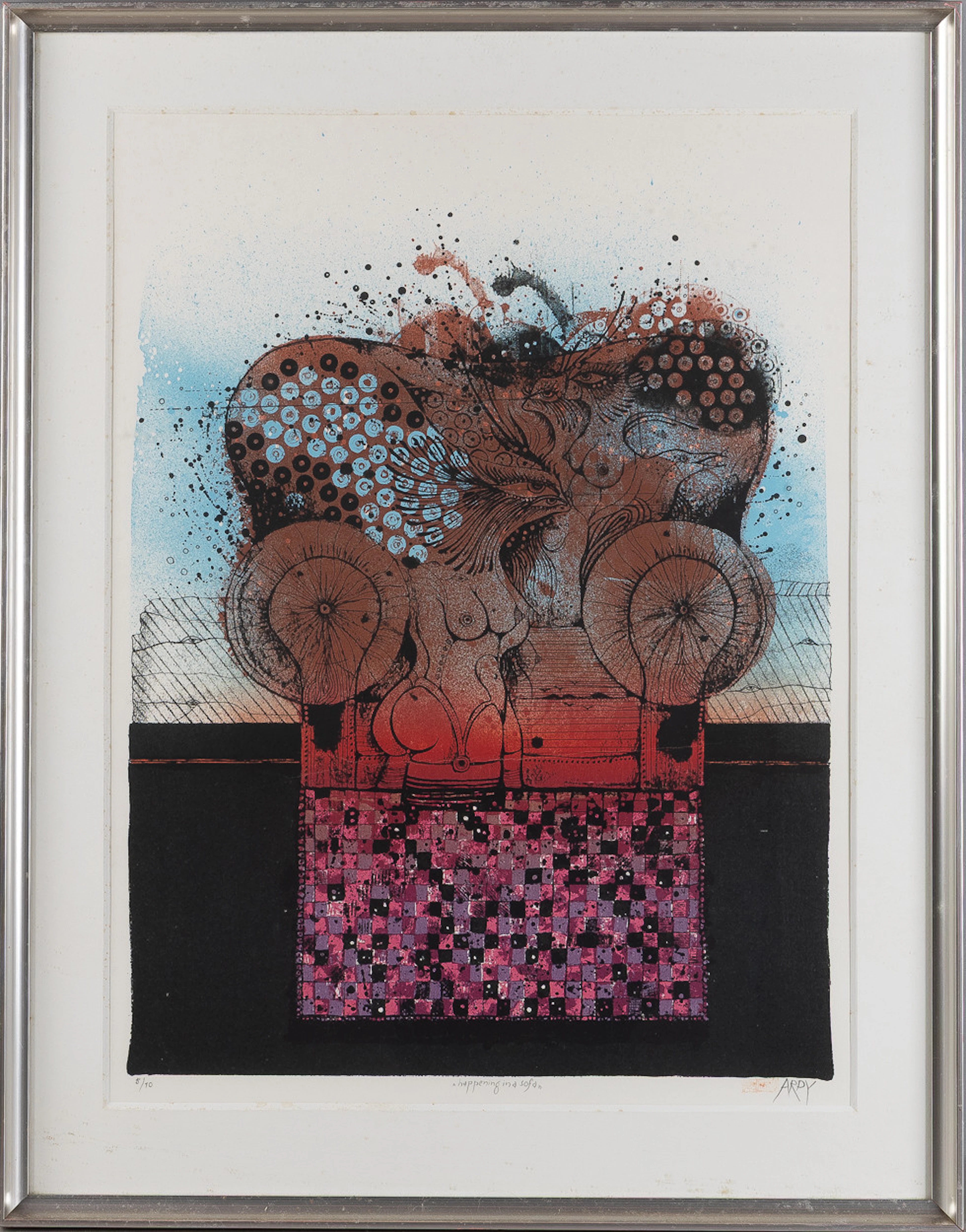 ARDY STRÜWER. "Happening in a sofa" / "Aventure sur un canapé", färglitografi