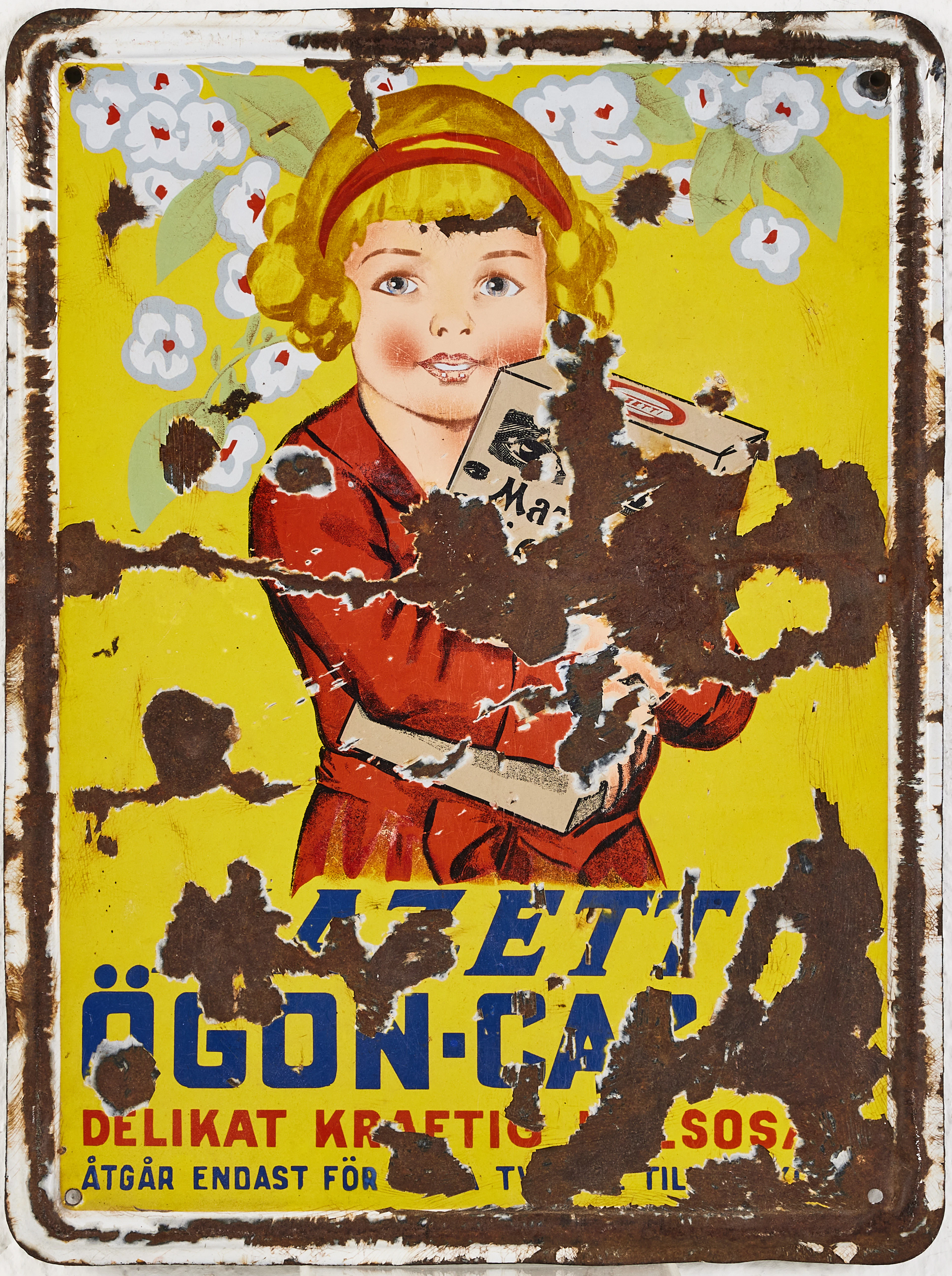 EMALJSKYLT, reklam för Mazetti, 1920-tal, motiv av flicka med en kartong