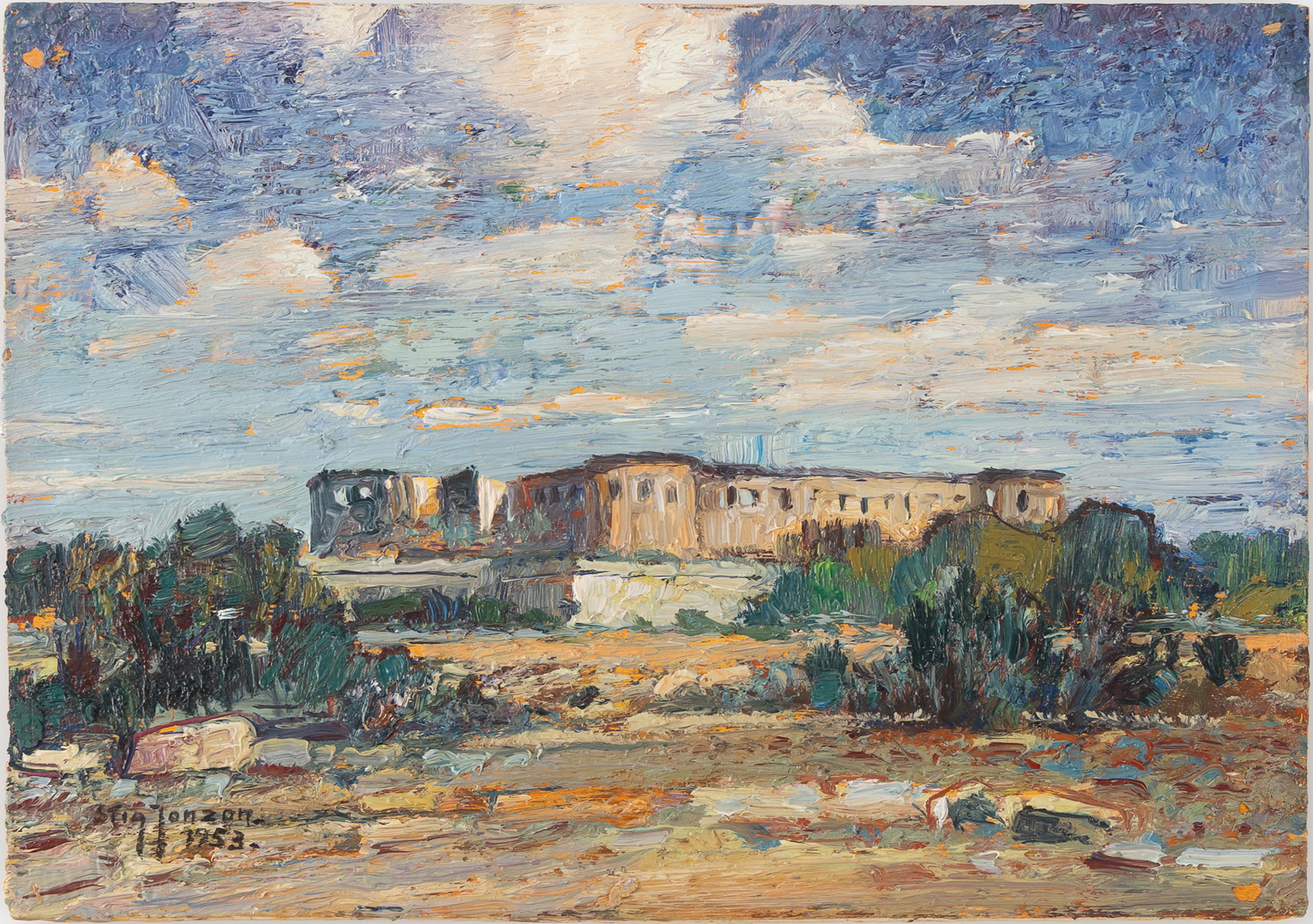 STIG JONZON. "Borgholms slottsruin", olja på pannå, signerad och daterad 1953.