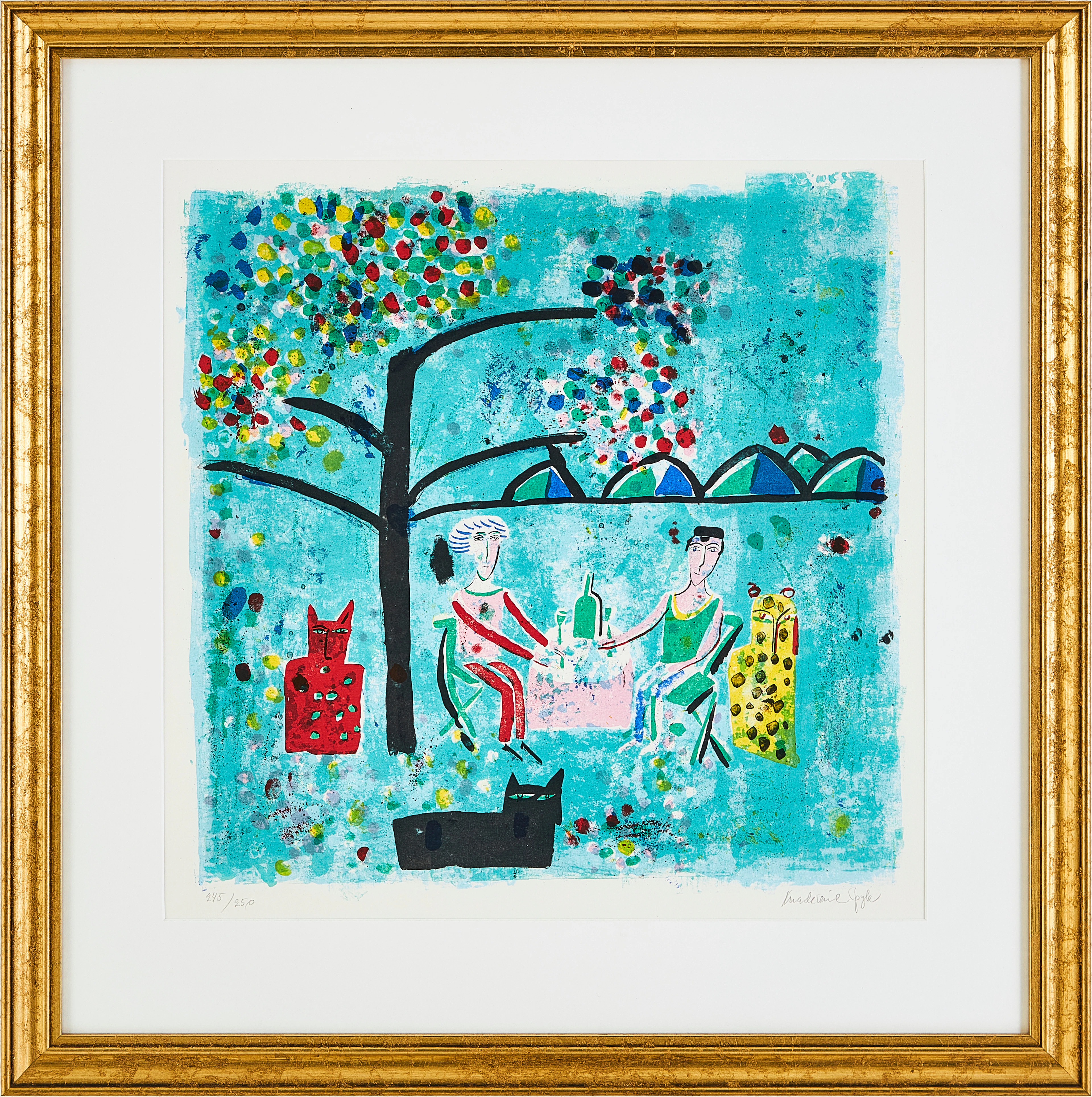 MADELEINE PYK. "Frukost med jamare", färglitografi, 245/250, signerad.