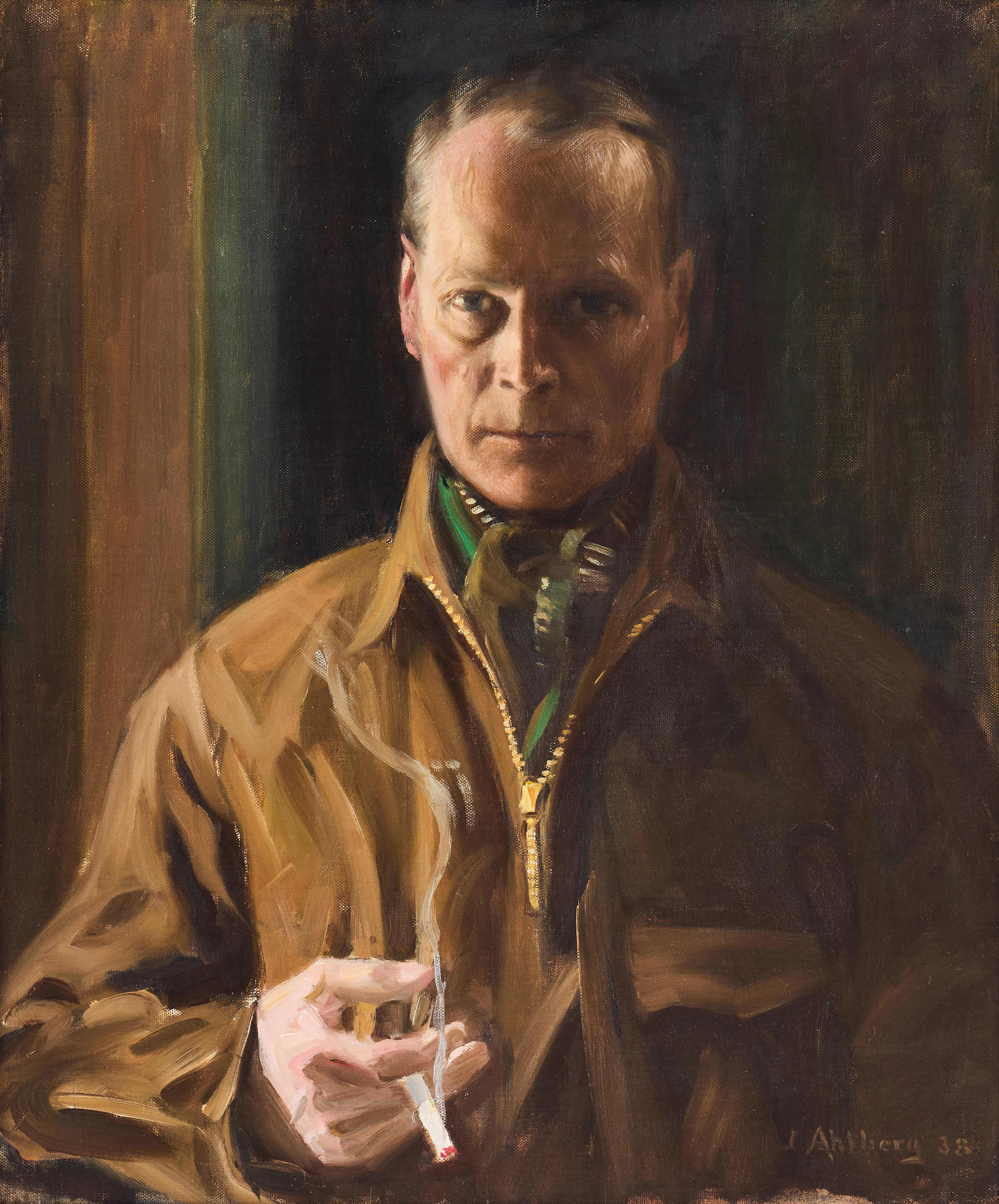 JOHN AHLBERG. Självporträtt med cigarett.