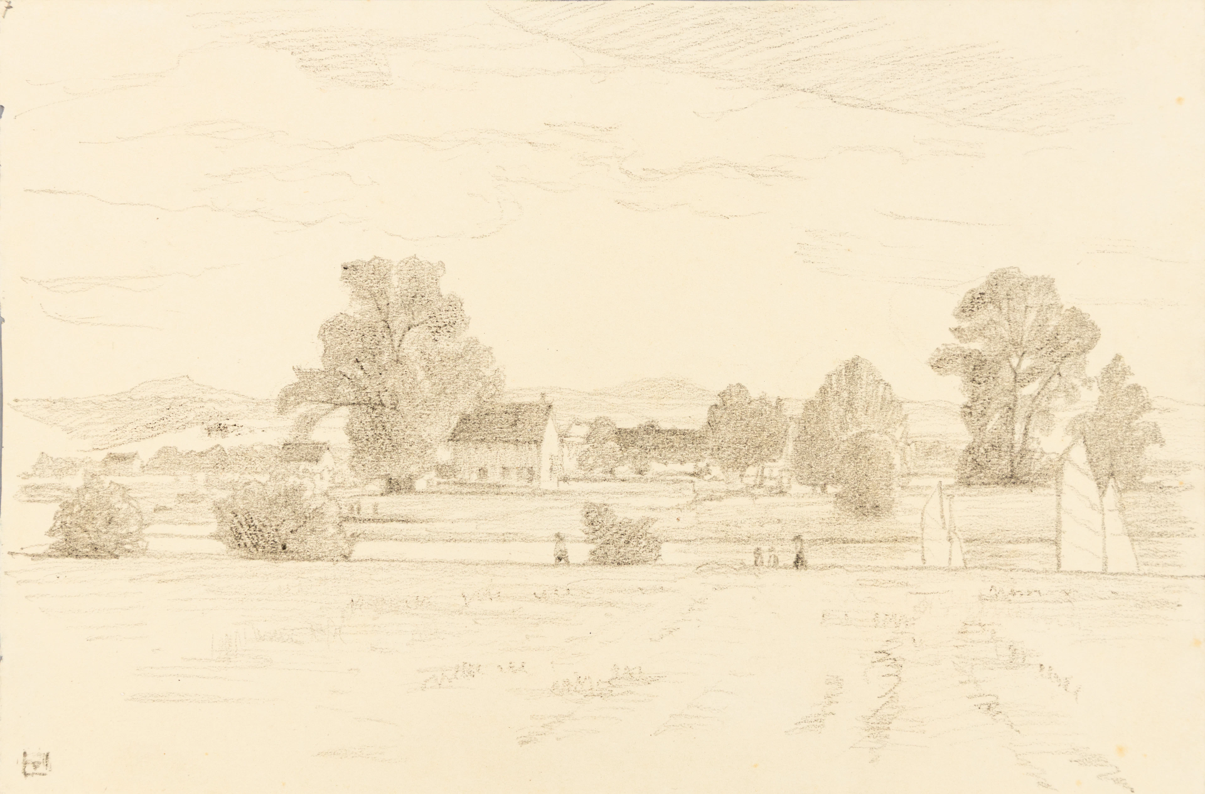 LUDWIG VON HOFMANN (1861-1945). Pillnitz. Ufer mit Segeln (Elbsegler).
