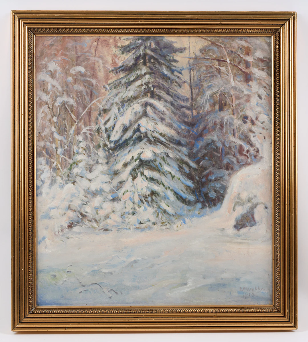 ELIAS MUUKKA. Skog i vinterskrud, signerad samt daterad 1910, olja på duk.