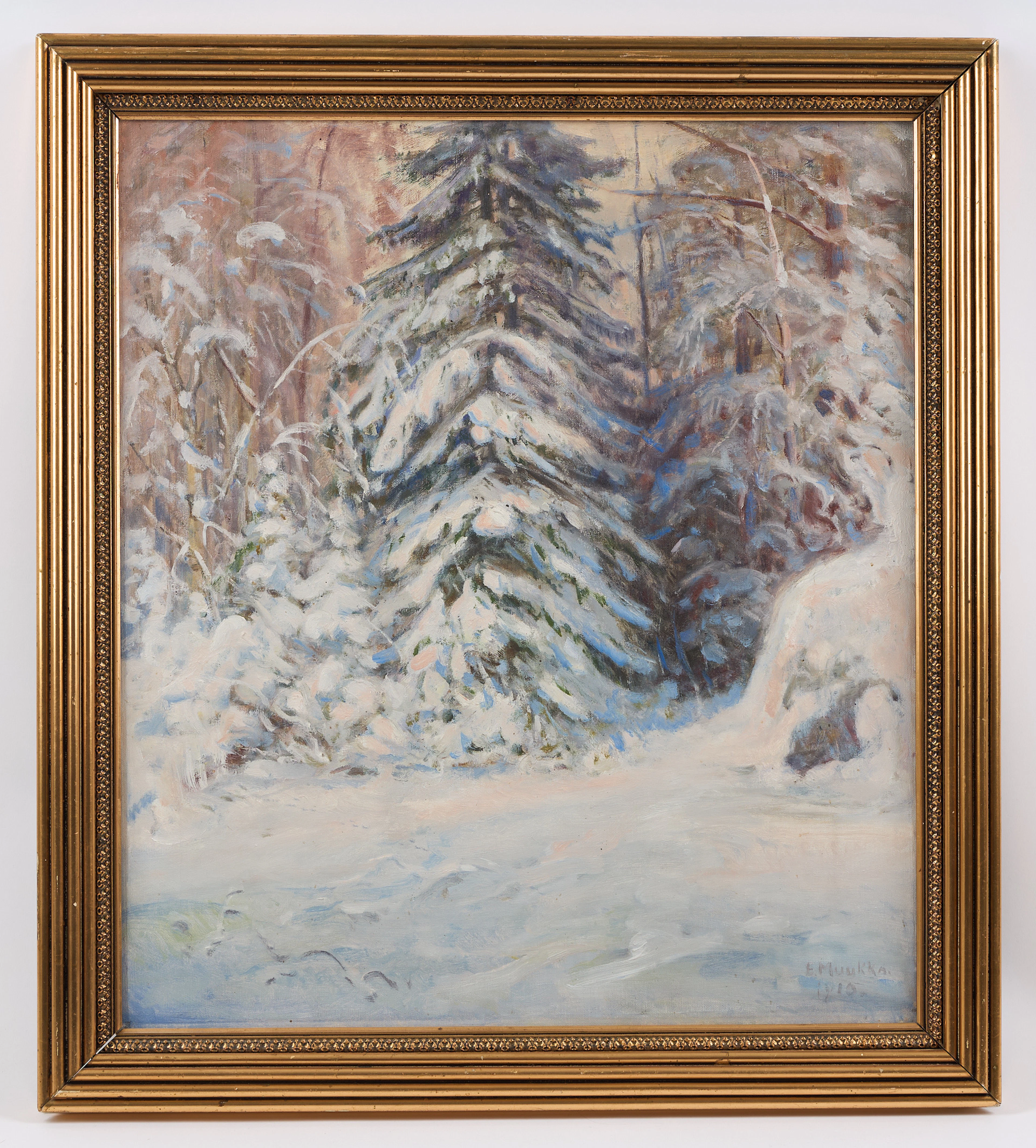 ELIAS MUUKKA. Skog i vinterskrud, signerad samt daterad 1910, olja på duk.